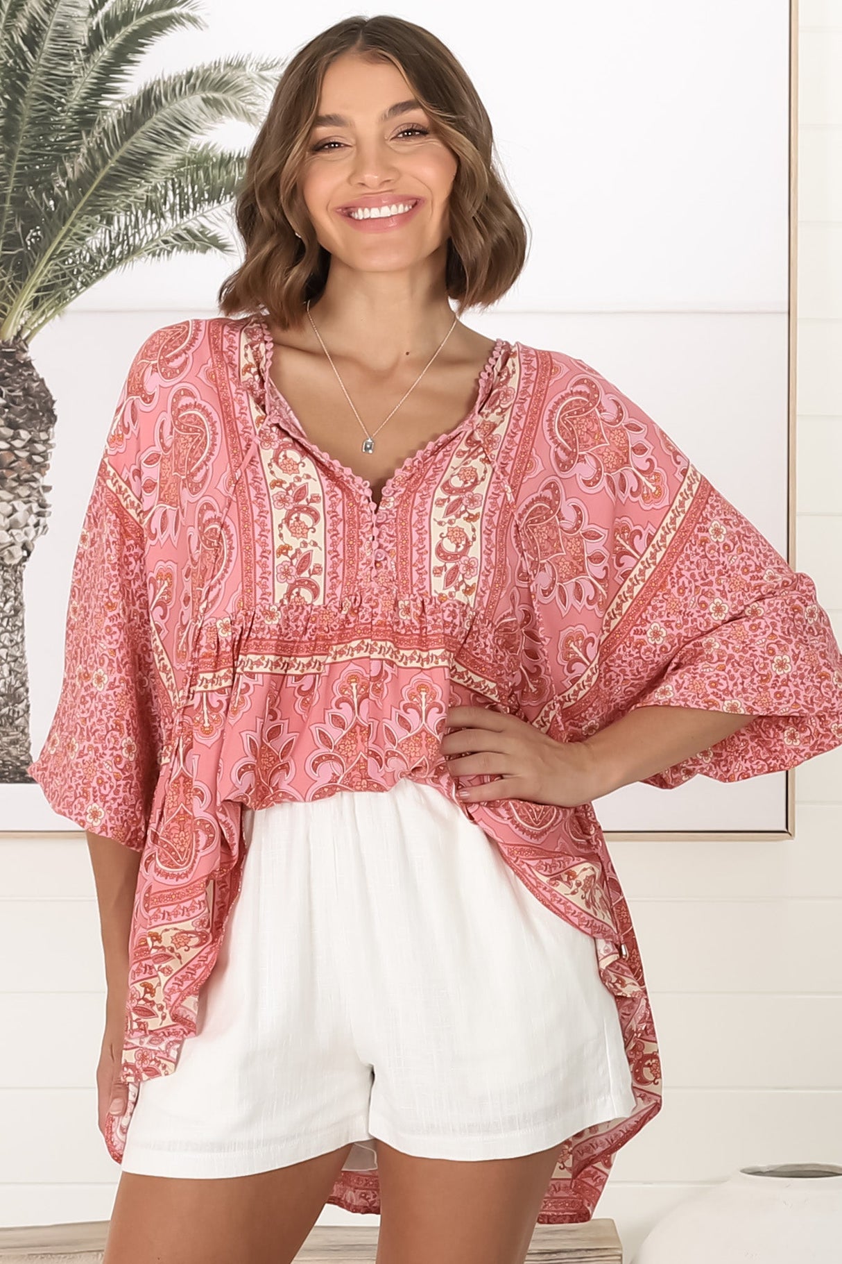 JAASE - Chloe Top: Very Oversized Crochet Trim Neckline Smock Top in Strawberries and Cream Print