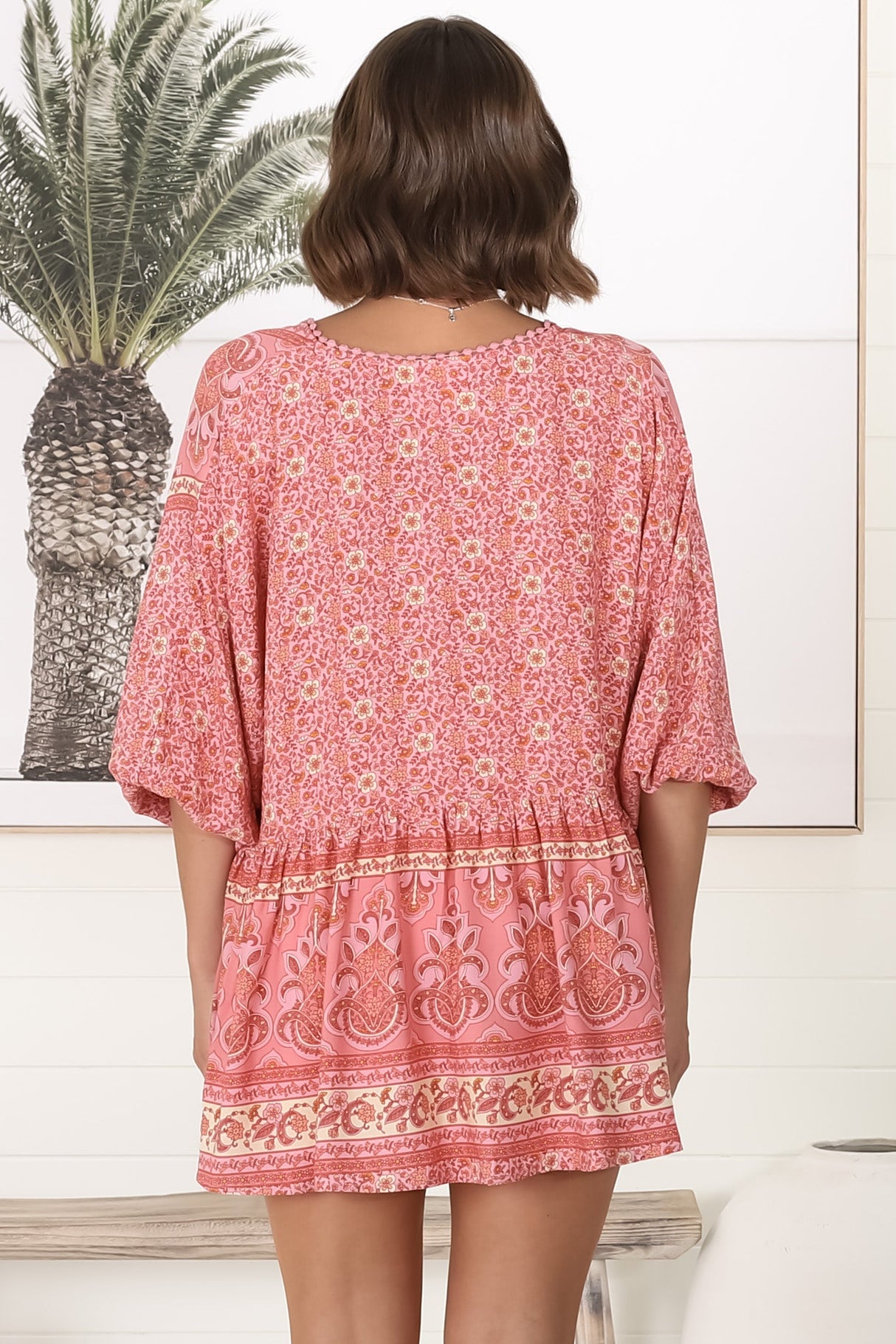 JAASE - Chloe Top: Very Oversized Crochet Trim Neckline Smock Top in Strawberries and Cream Print