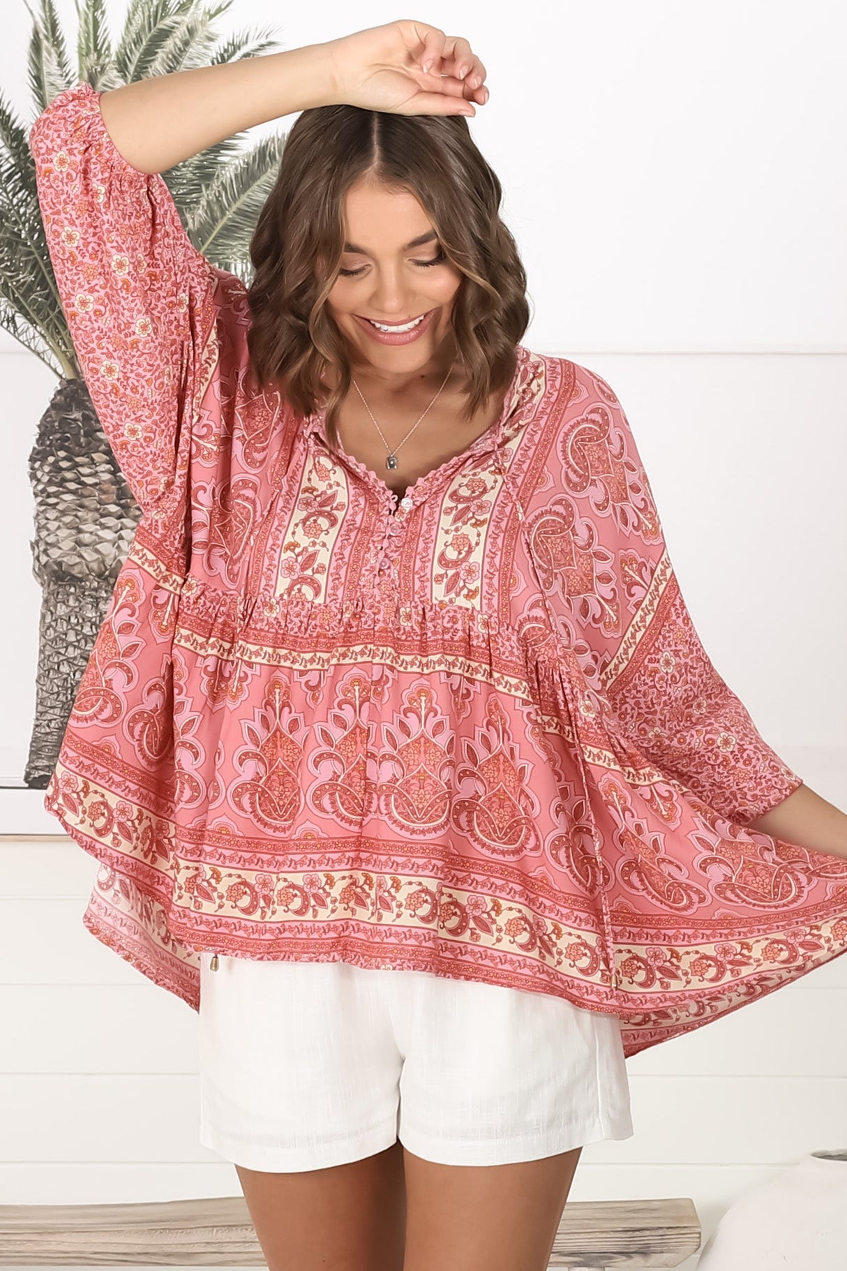 JAASE - Chloe Top: Very Oversized Crochet Trim Neckline Smock Top in Strawberries and Cream Print