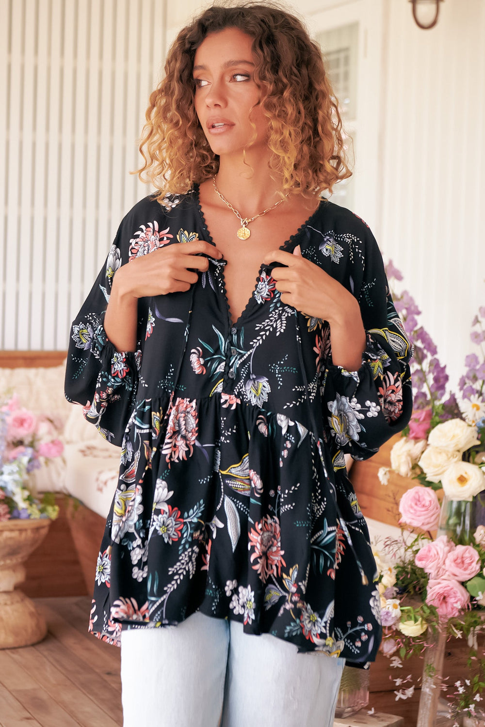 JAASE - Chloe Top: Very Oversized Crochet Trim Neckline Smock Top in Under the Stars Print