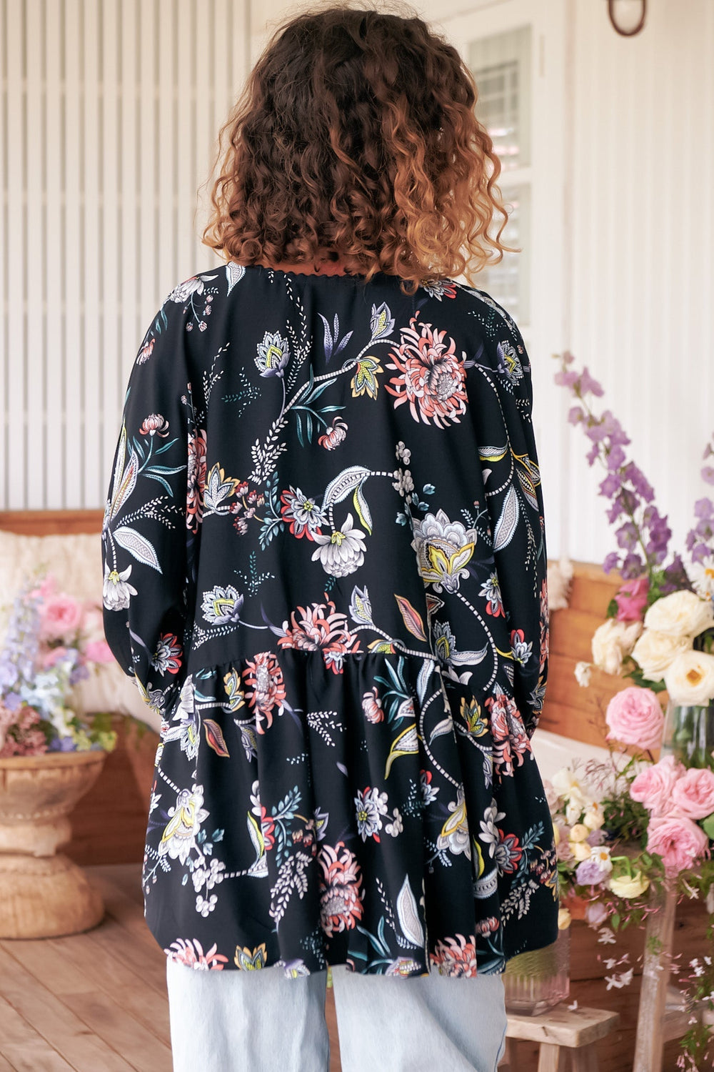 JAASE - Chloe Top: Very Oversized Crochet Trim Neckline Smock Top in Under the Stars Print