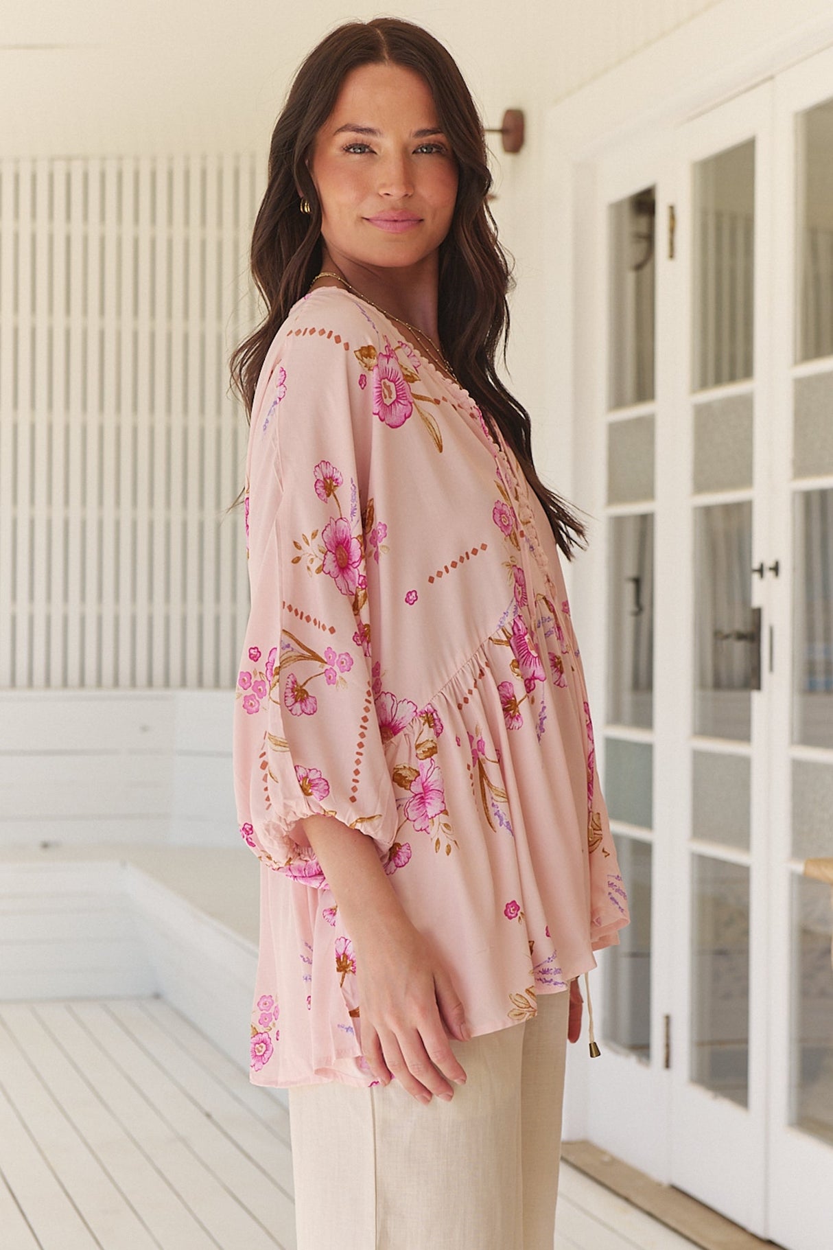 JAASE - Chloe Top: Very Oversized Crochet Trim Neckline Smock Top in Blushing Fields Print