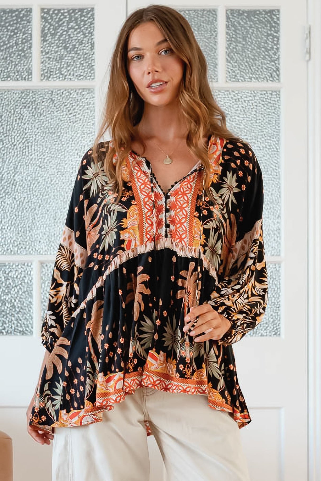 JAASE - Chloe Top: Very Oversized Crochet Trim Neckline Smock Top in Jardin Print