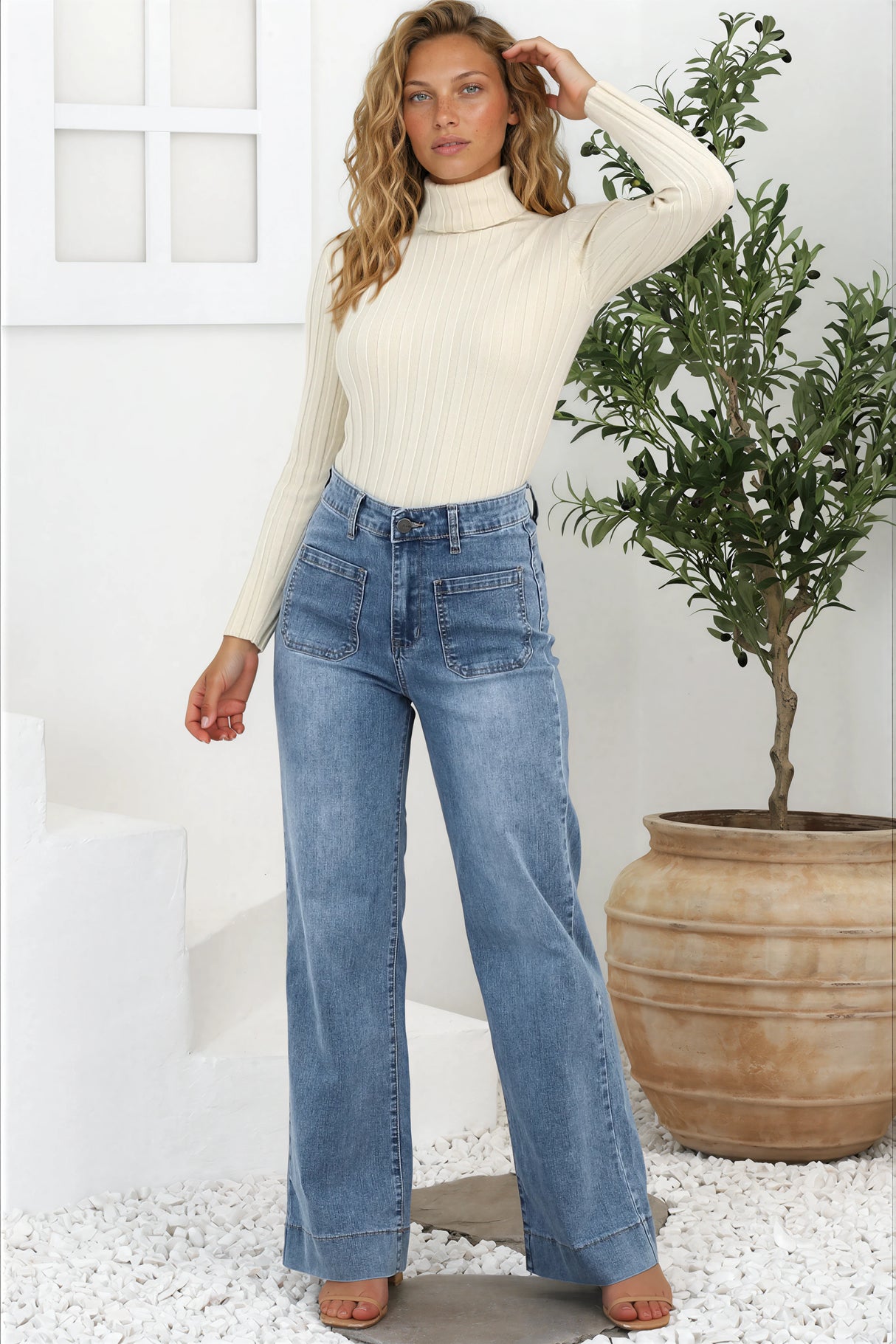 Cindy Wide Leg Jean in Stone Wash Denim