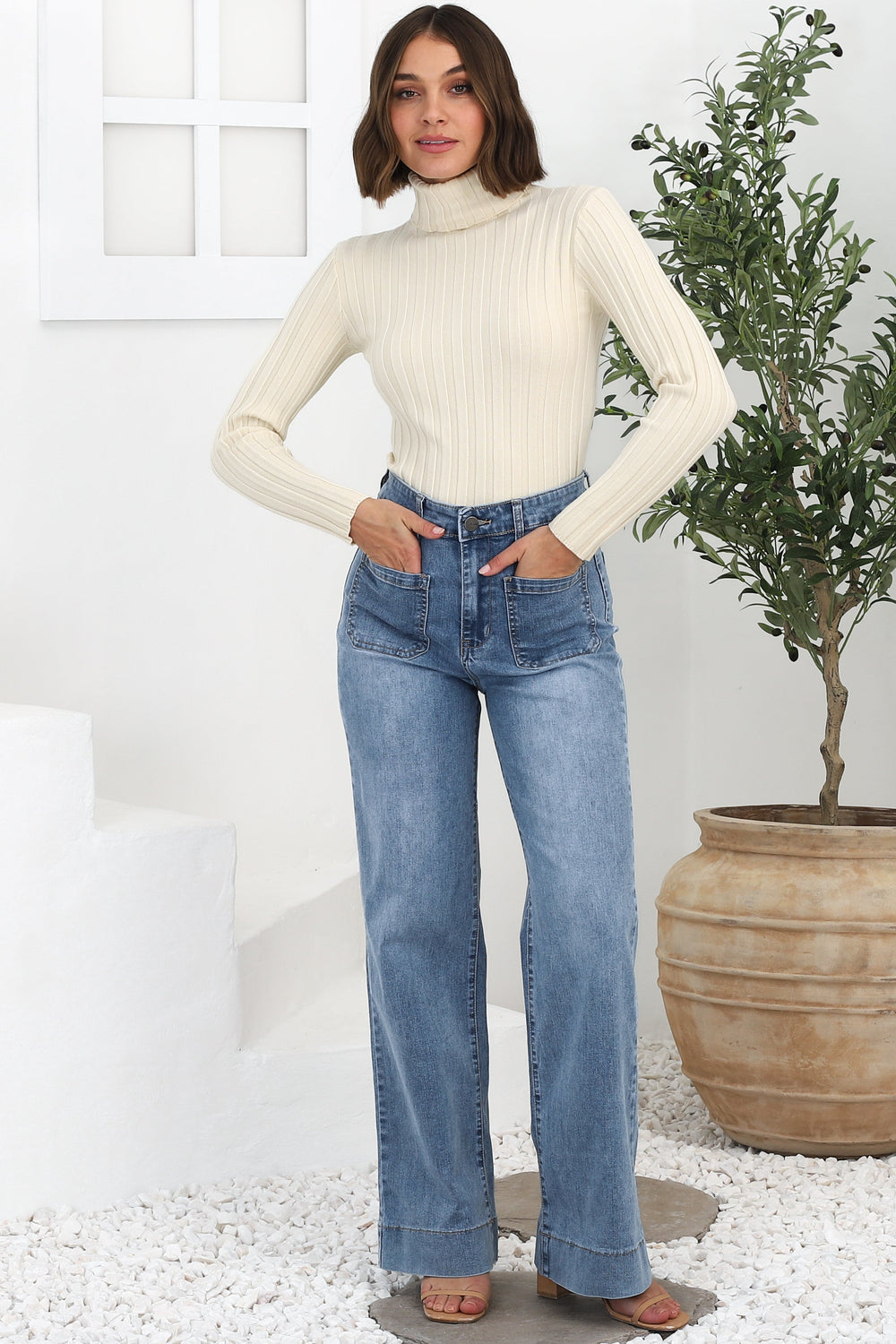 Cindy Wide Leg Jean in Stone Wash Denim