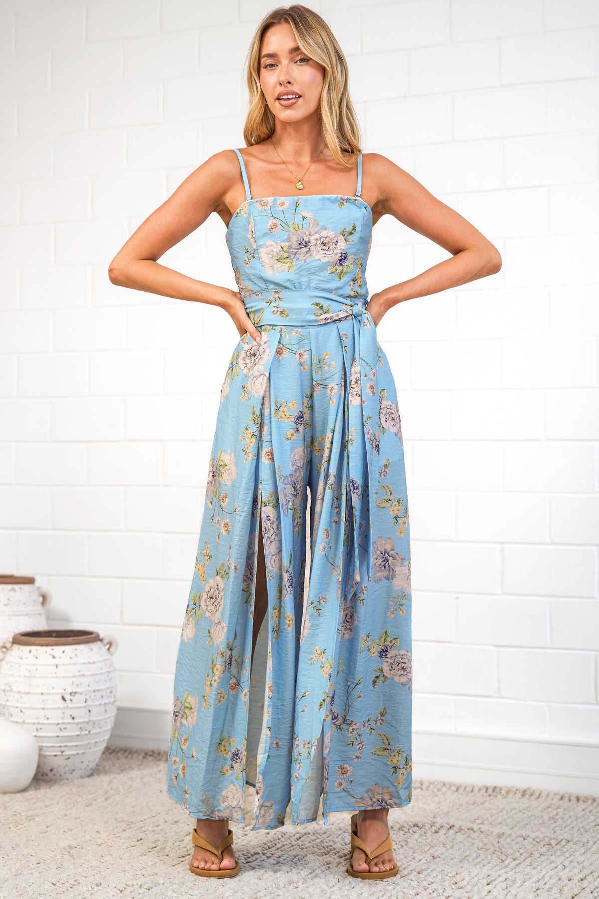 Citrine Jumpsuit - Adjustable Strap Sqaure Neck Wide Leg Jumpsuit with Splits and Waist Tie in Miranda Print