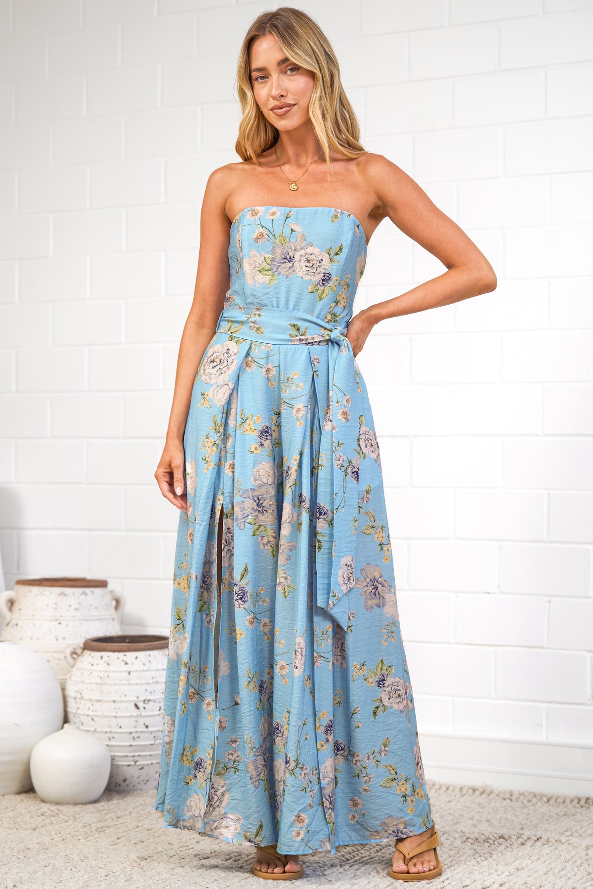 Citrine Jumpsuit - Adjustable Strap Sqaure Neck Wide Leg Jumpsuit with Splits and Waist Tie in Miranda Print