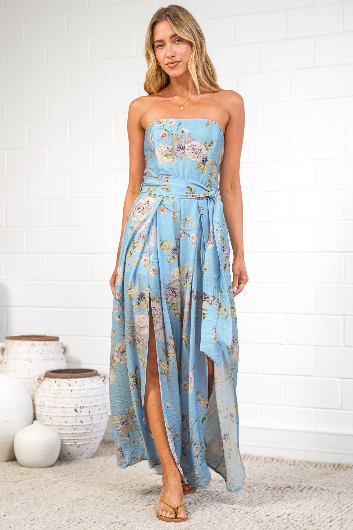 Citrine Jumpsuit - Adjustable Strap Sqaure Neck Wide Leg Jumpsuit with Splits and Waist Tie in Miranda Print