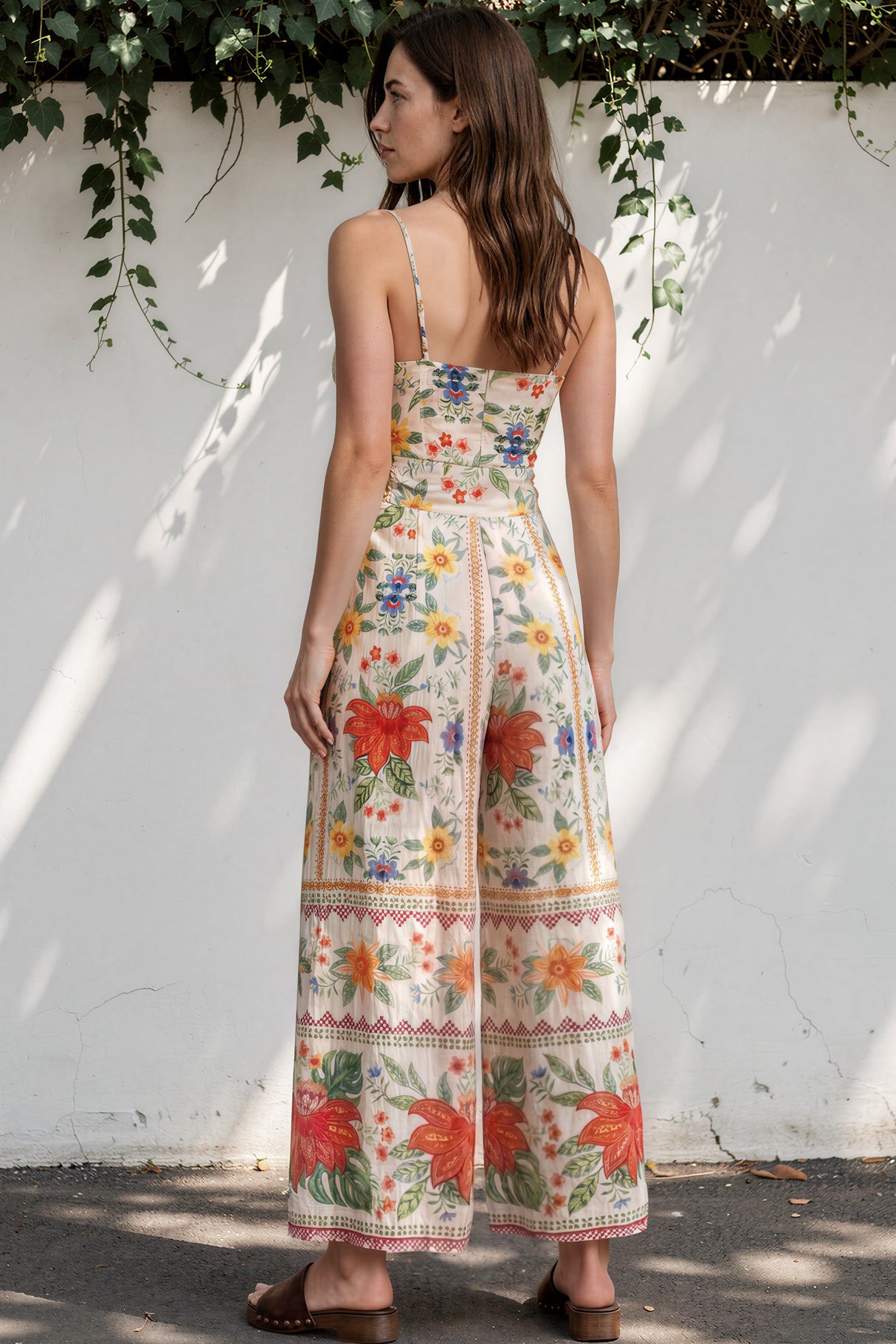 Model wearing Citrine Jumpsuit in Alma Print from Salty Crush