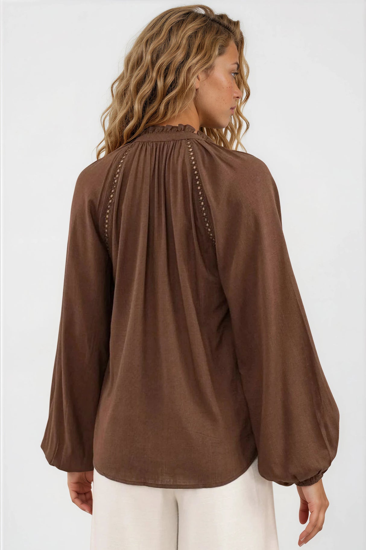 Claire Blouse - Frill Collar Hollow Out Lace Insert Detailed Button Down in Chocolate