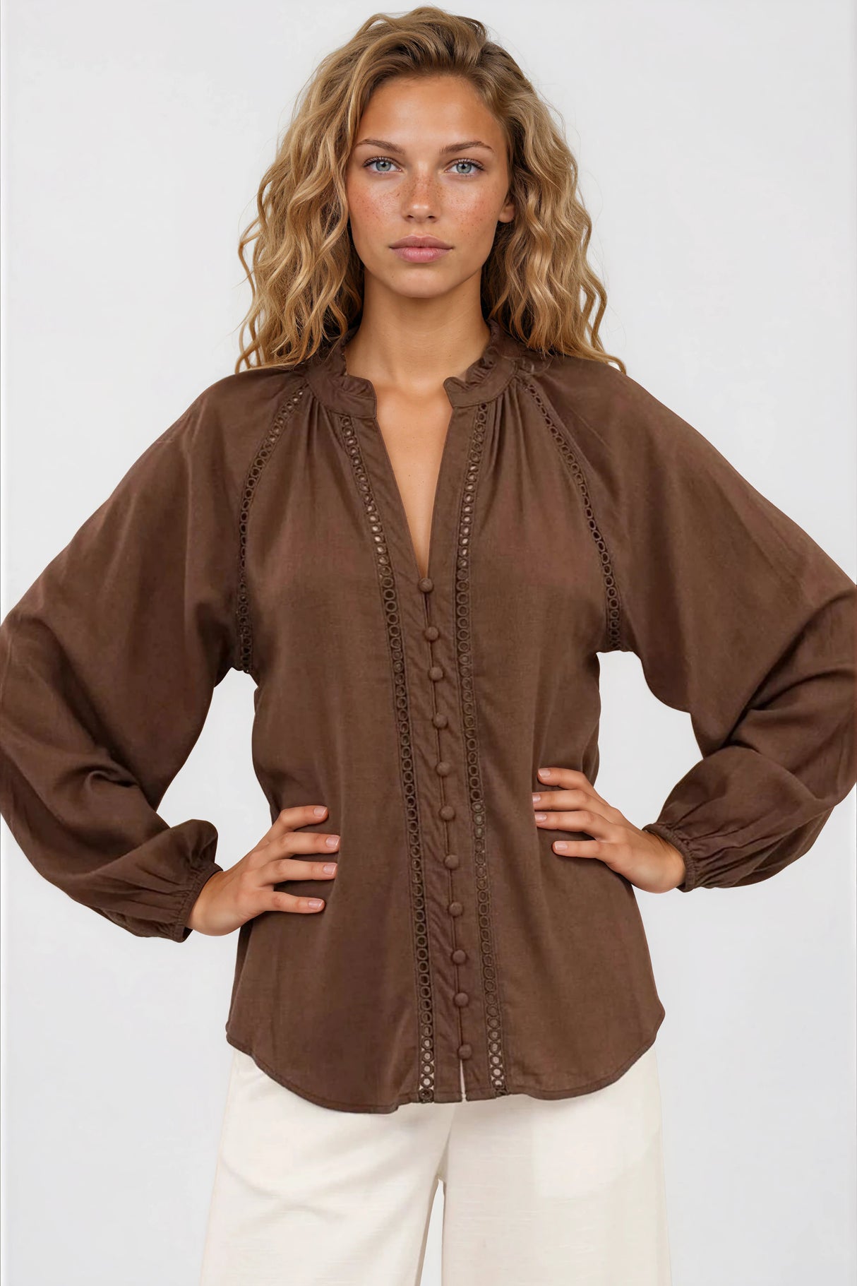 Model wearing Claire Blouse in Chocolate from Salty Crush