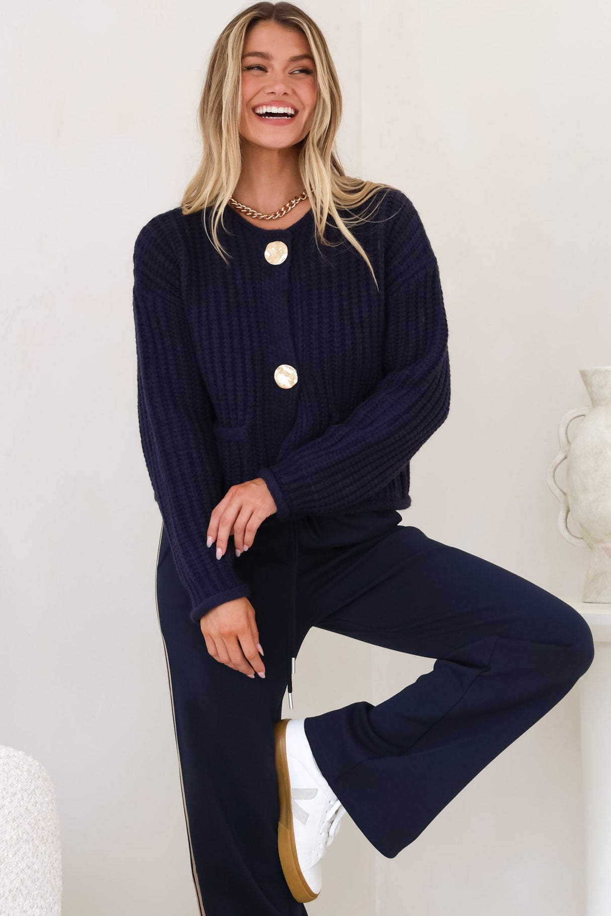 Clara Cardigan - Cable Knit Chunky Gold Buttoned Cardigan in Navy