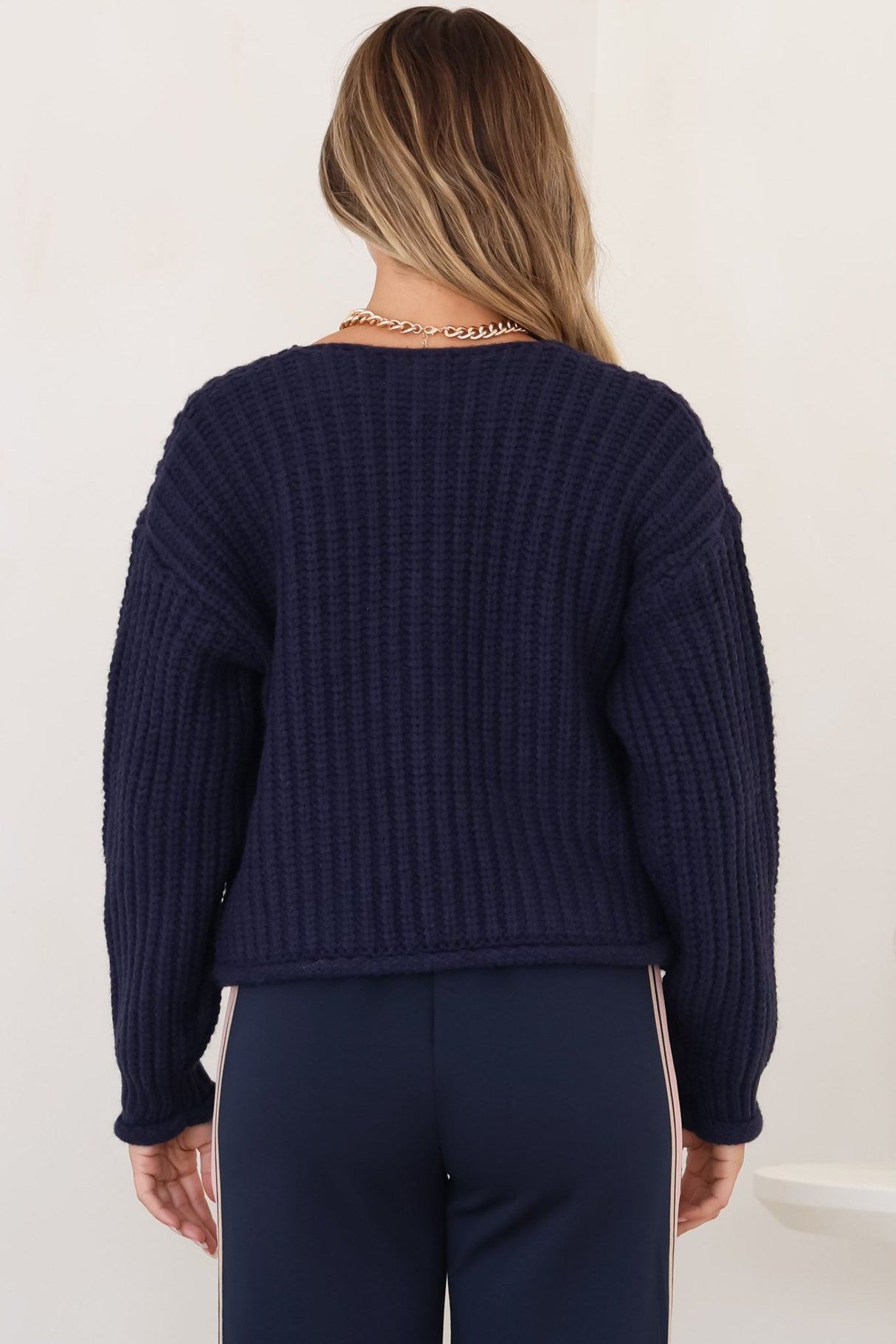 Clara Cardigan - Cable Knit Chunky Gold Buttoned Cardigan in Navy