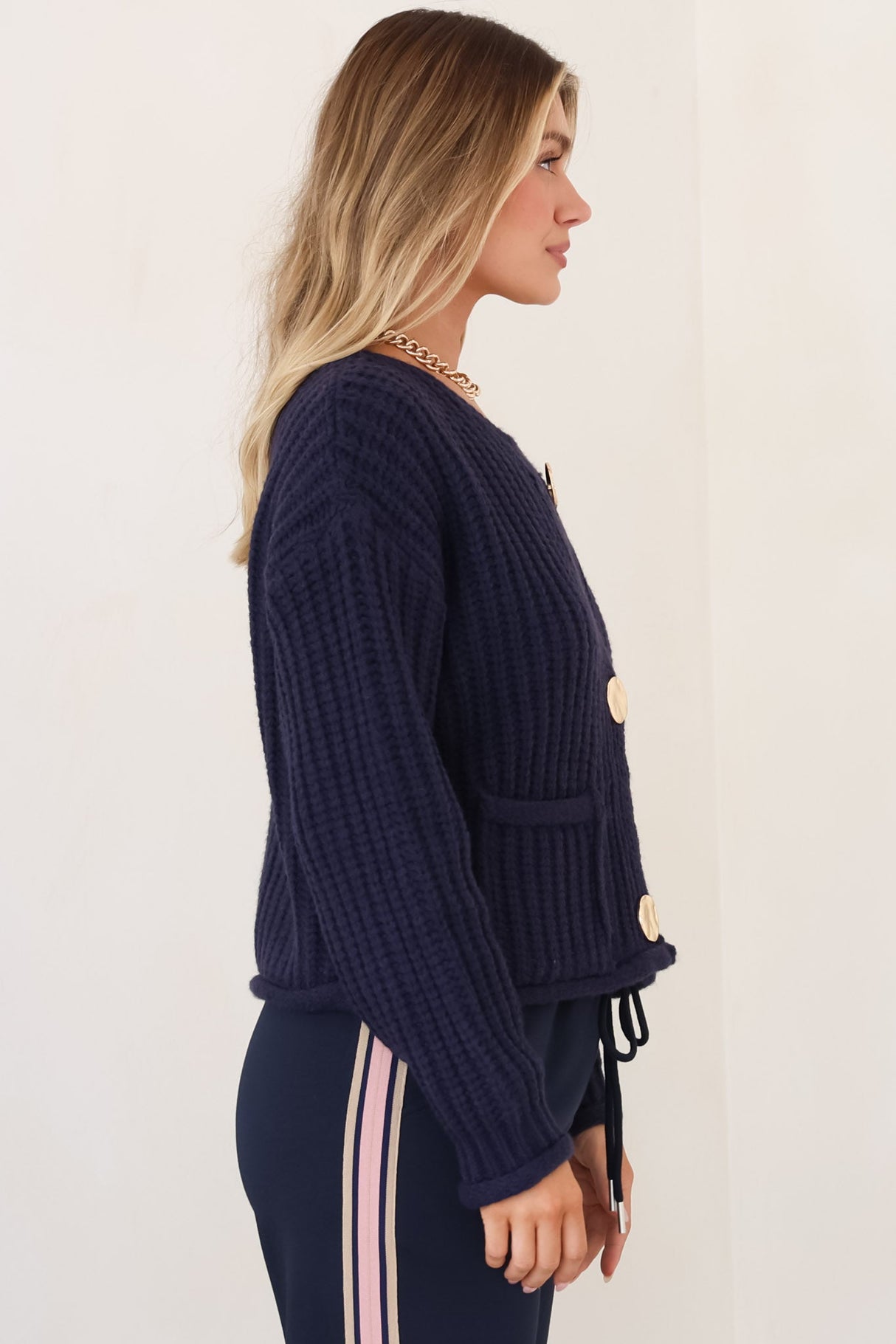 Clara Cardigan - Cable Knit Chunky Gold Buttoned Cardigan in Navy