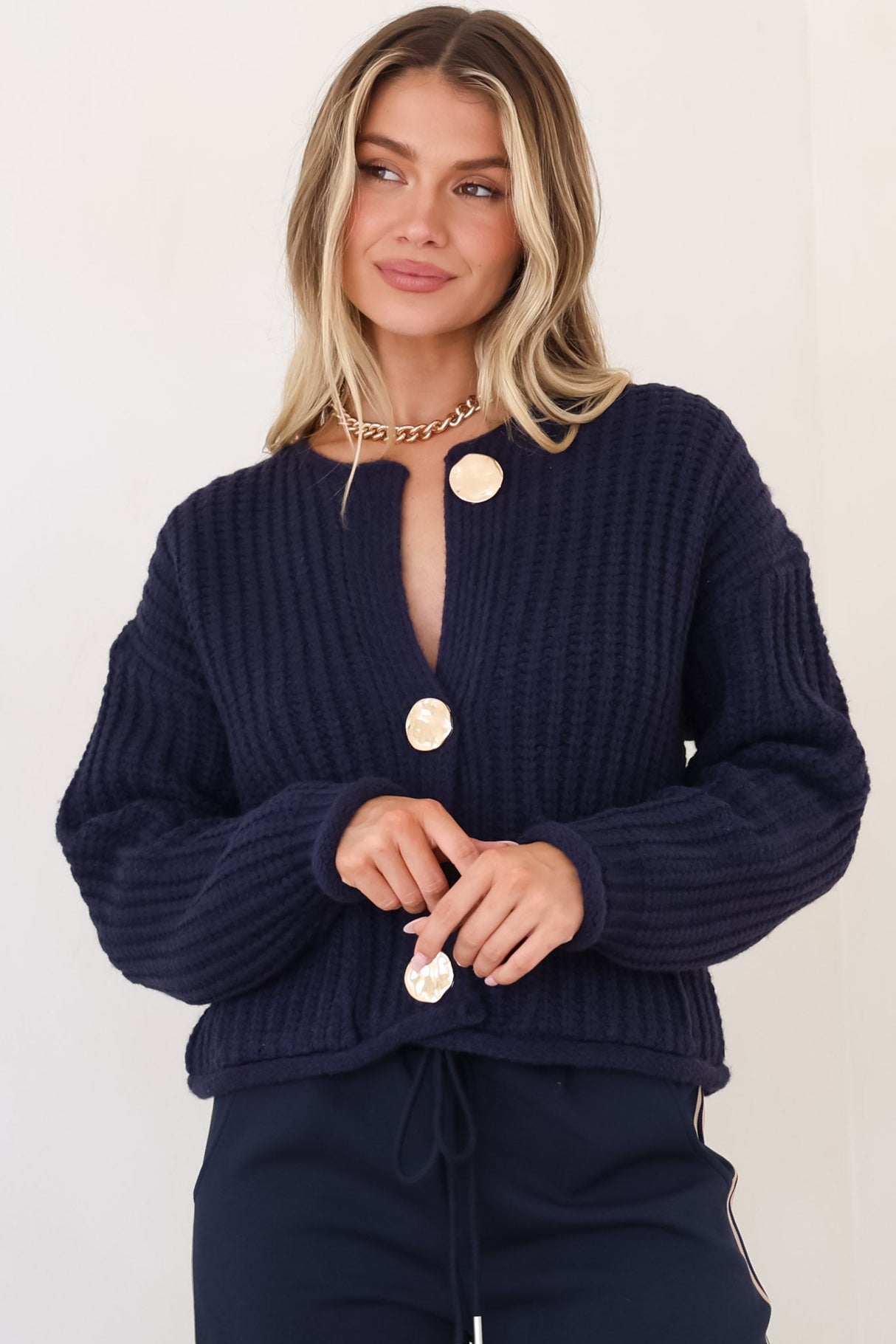 Clara Cardigan - Cable Knit Chunky Gold Buttoned Cardigan in Navy