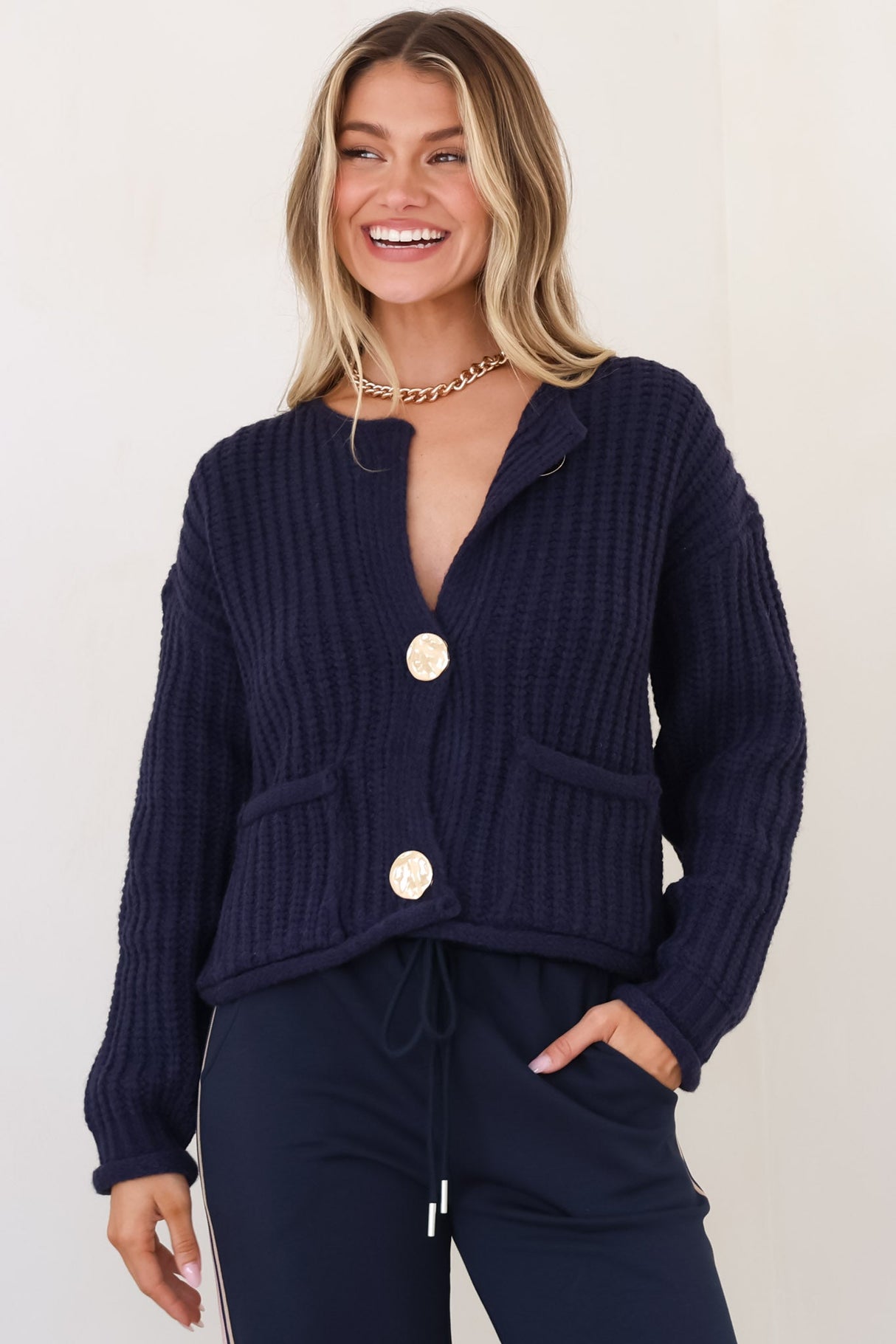 Clara Cardigan - Cable Knit Chunky Gold Buttoned Cardigan in Navy