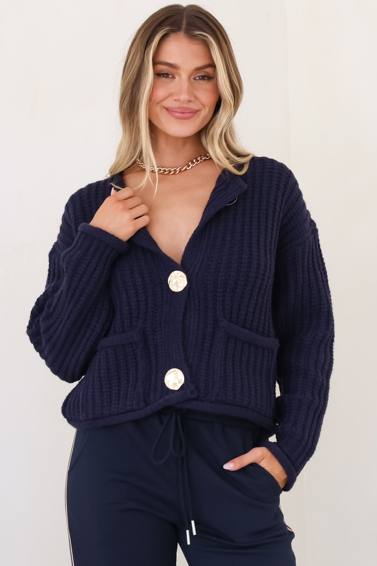 Clara Cardigan - Cable Knit Chunky Gold Buttoned Cardigan in Navy