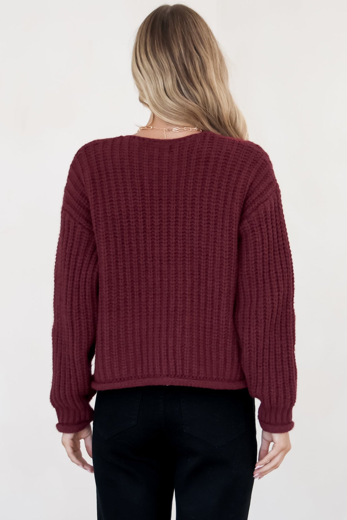 Clara Cardigan - Cable Knit Chunky Gold Buttoned Cardigan in Wine