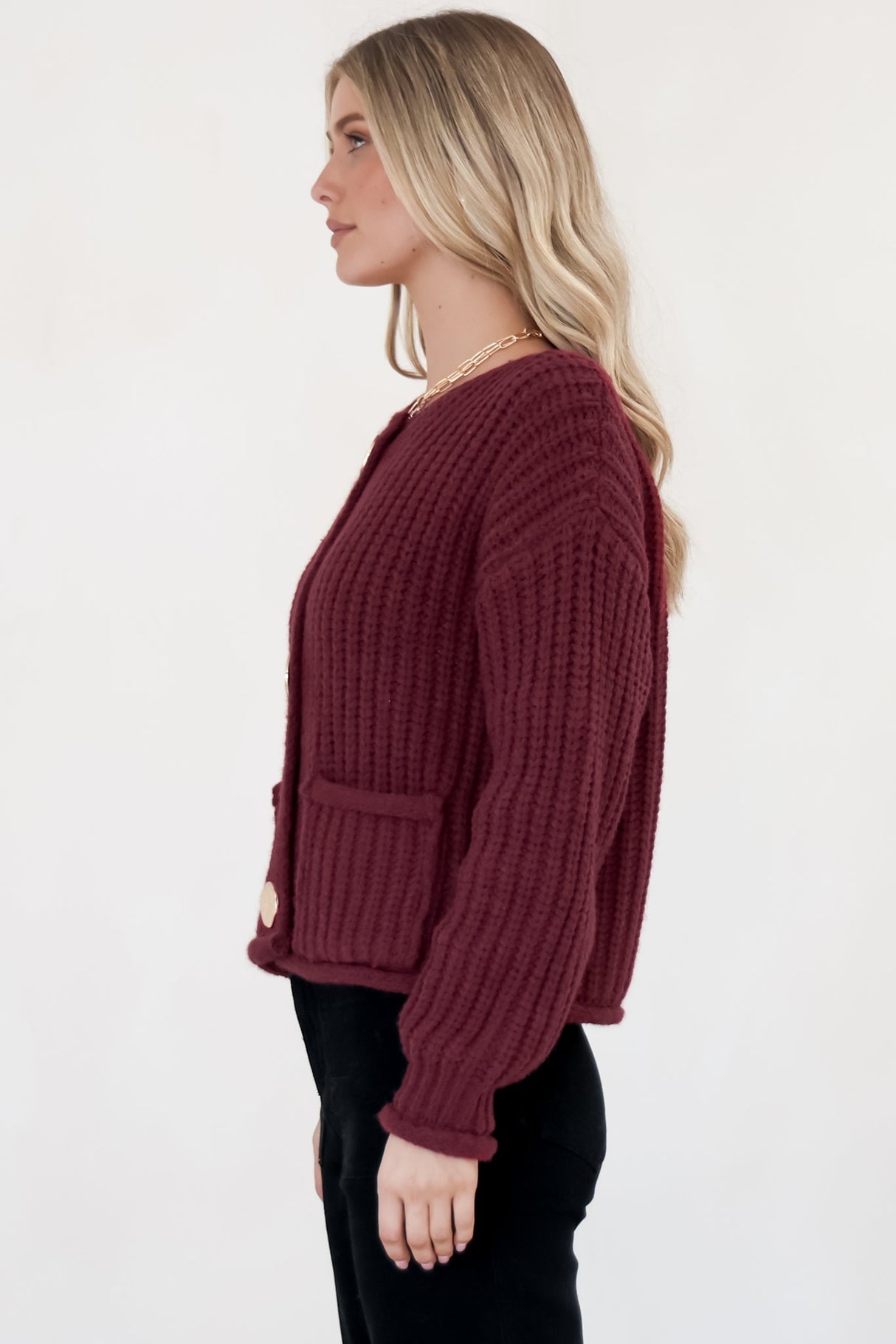 Clara Cardigan - Cable Knit Chunky Gold Buttoned Cardigan in Wine