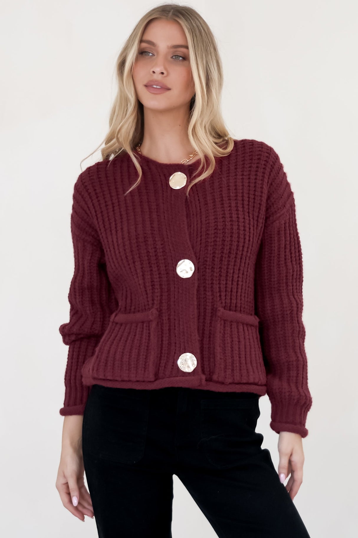 Clara Cardigan - Cable Knit Chunky Gold Buttoned Cardigan in Wine