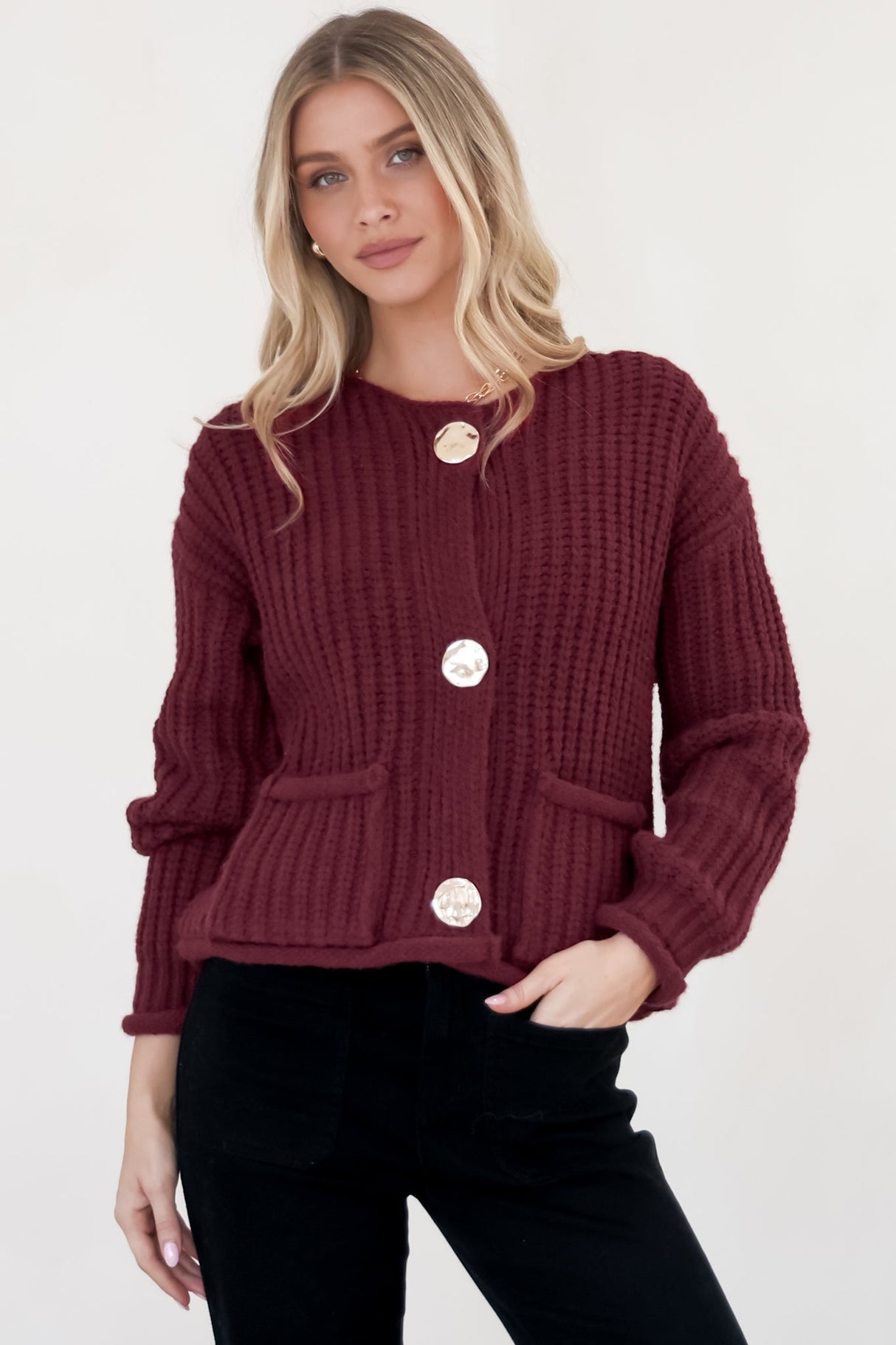 Clara Cardigan - Cable Knit Chunky Gold Buttoned Cardigan in Wine