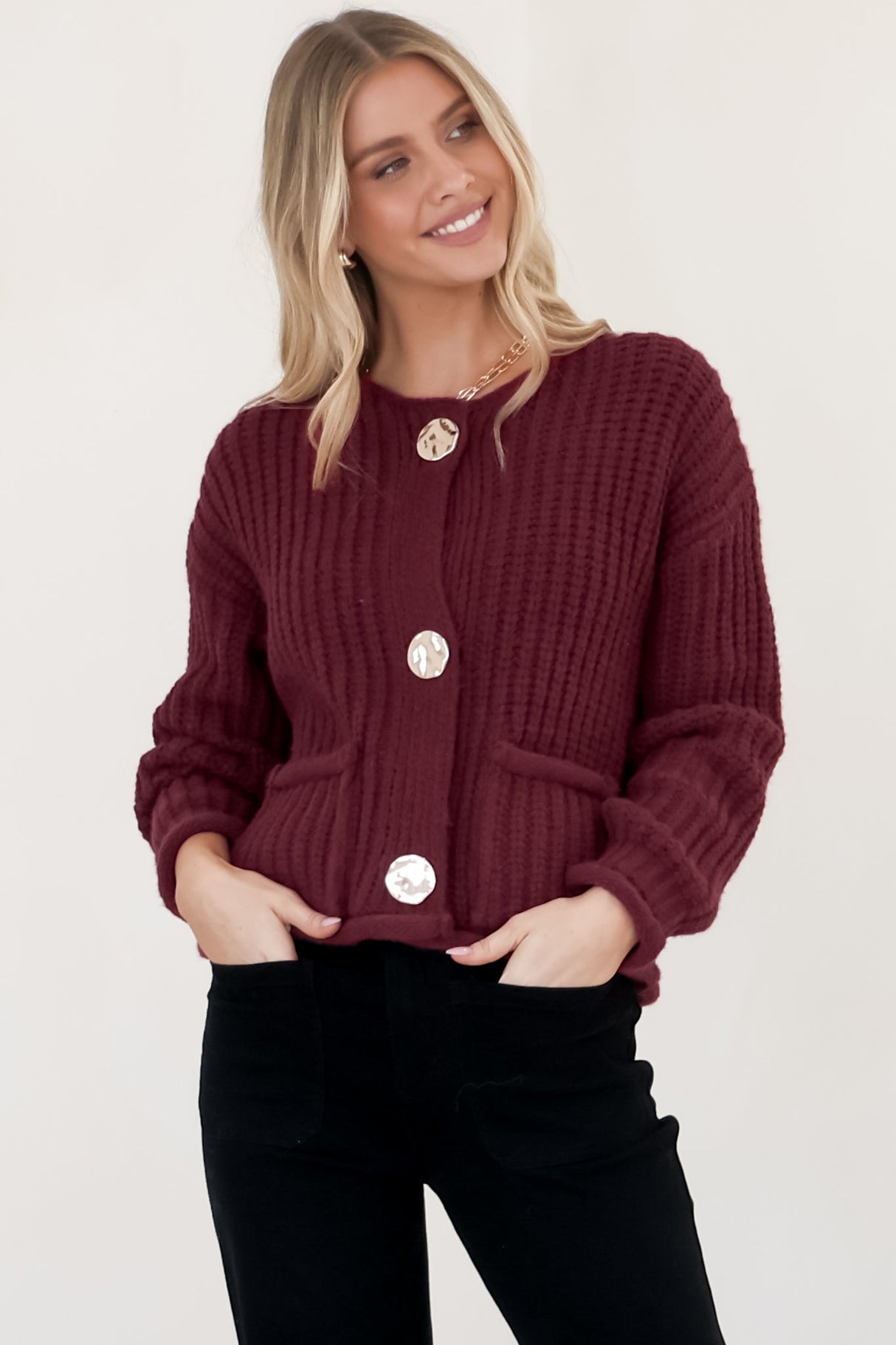 Clara Cardigan - Cable Knit Chunky Gold Buttoned Cardigan in Wine
