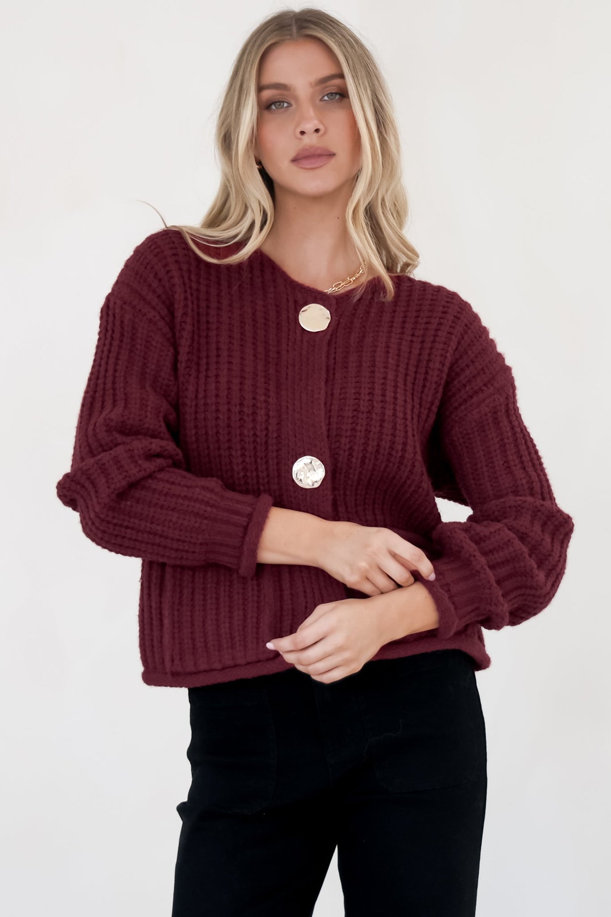 Clara Cardigan - Cable Knit Chunky Gold Buttoned Cardigan in Wine