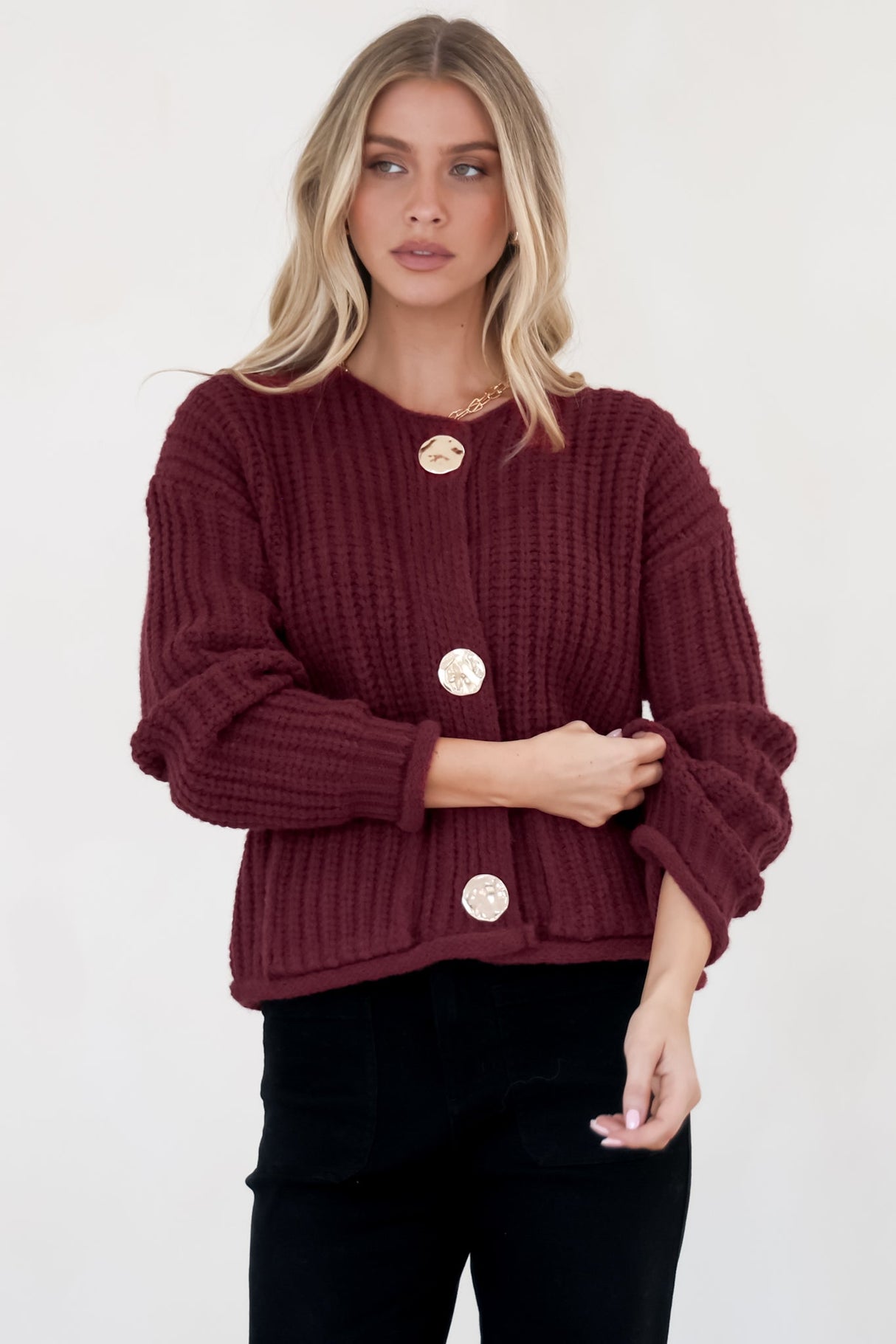 Clara Cardigan - Cable Knit Chunky Gold Buttoned Cardigan in Wine