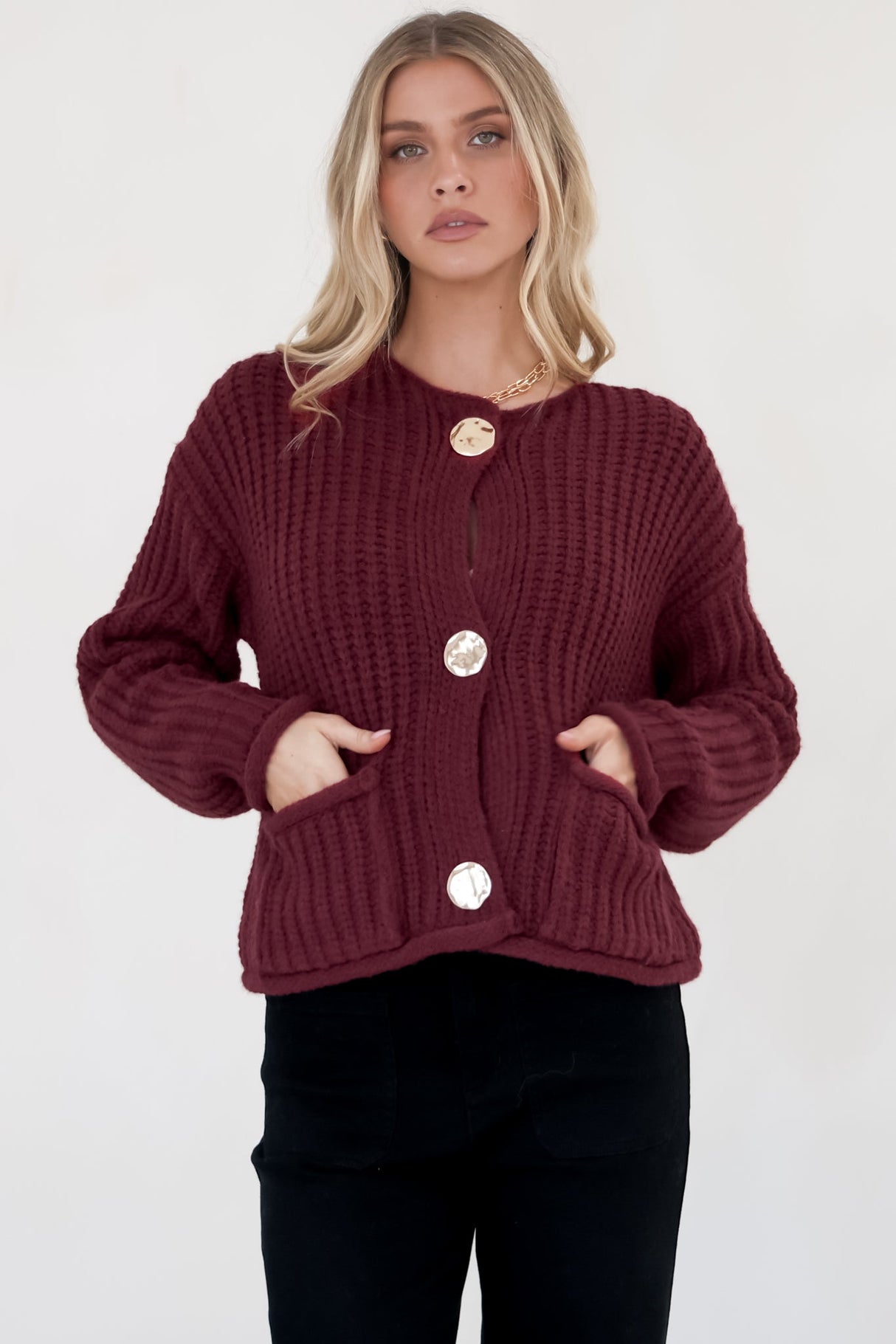 Clara Cardigan - Cable Knit Chunky Gold Buttoned Cardigan in Wine