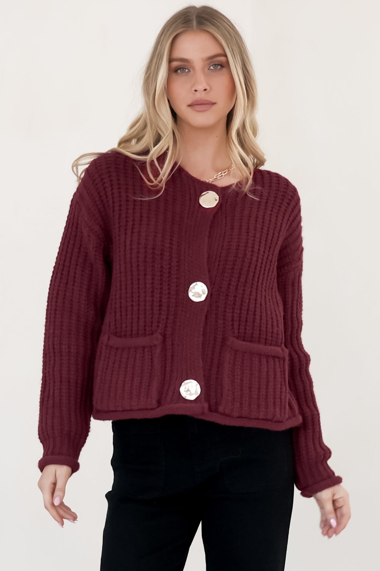 Clara Cardigan - Cable Knit Chunky Gold Buttoned Cardigan in Wine