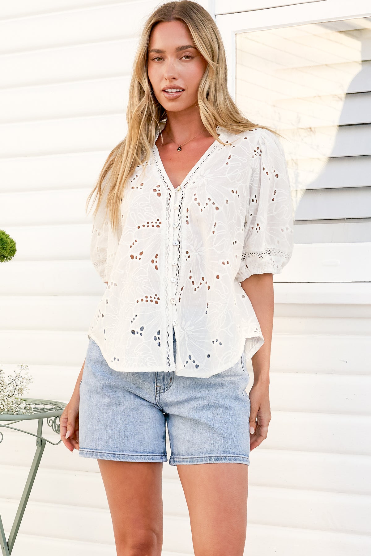 Clare Blouse - Hollow Out Embroidered Button Down Blouse in White