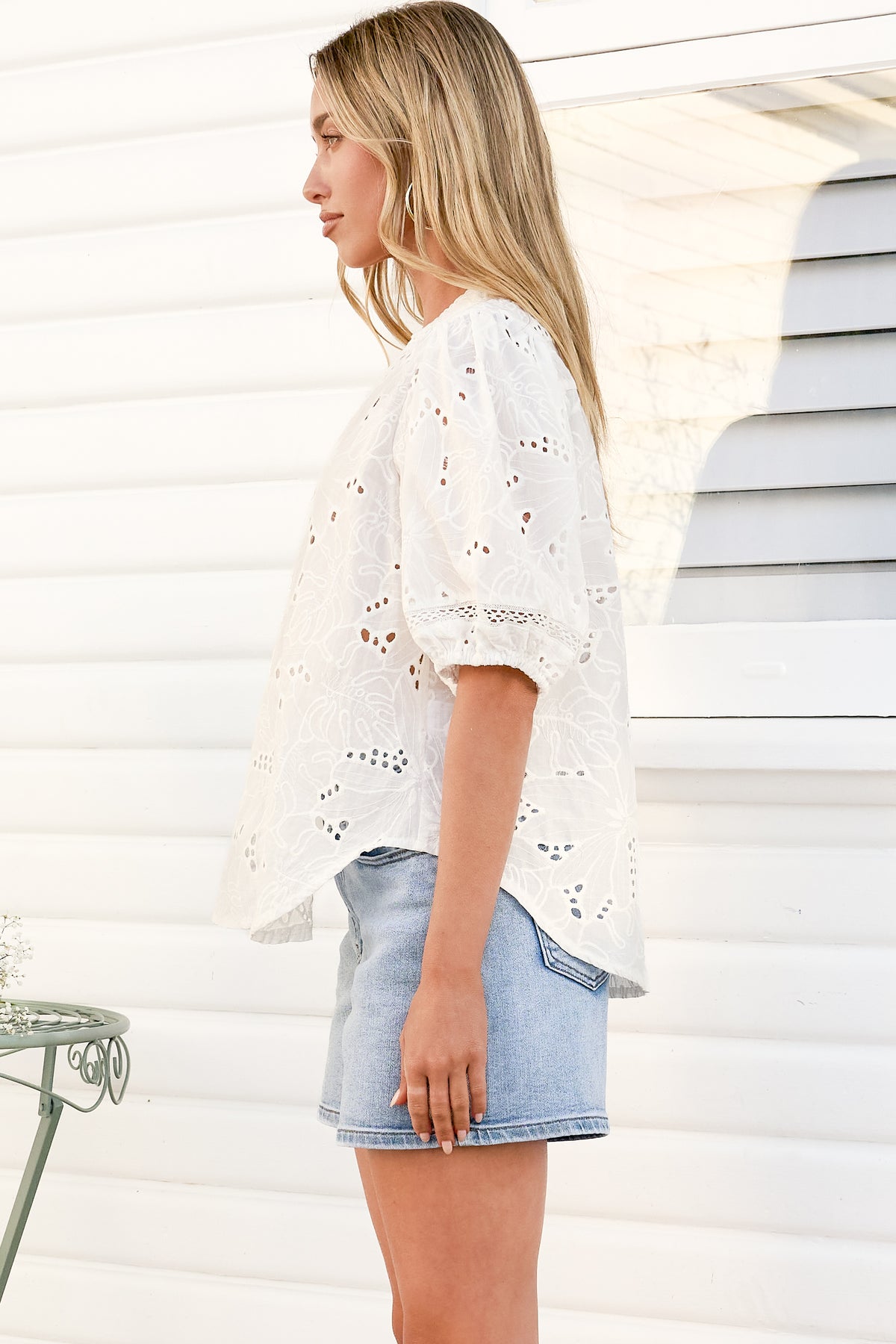 Clare Blouse - Hollow Out Embroidered Button Down Blouse in White