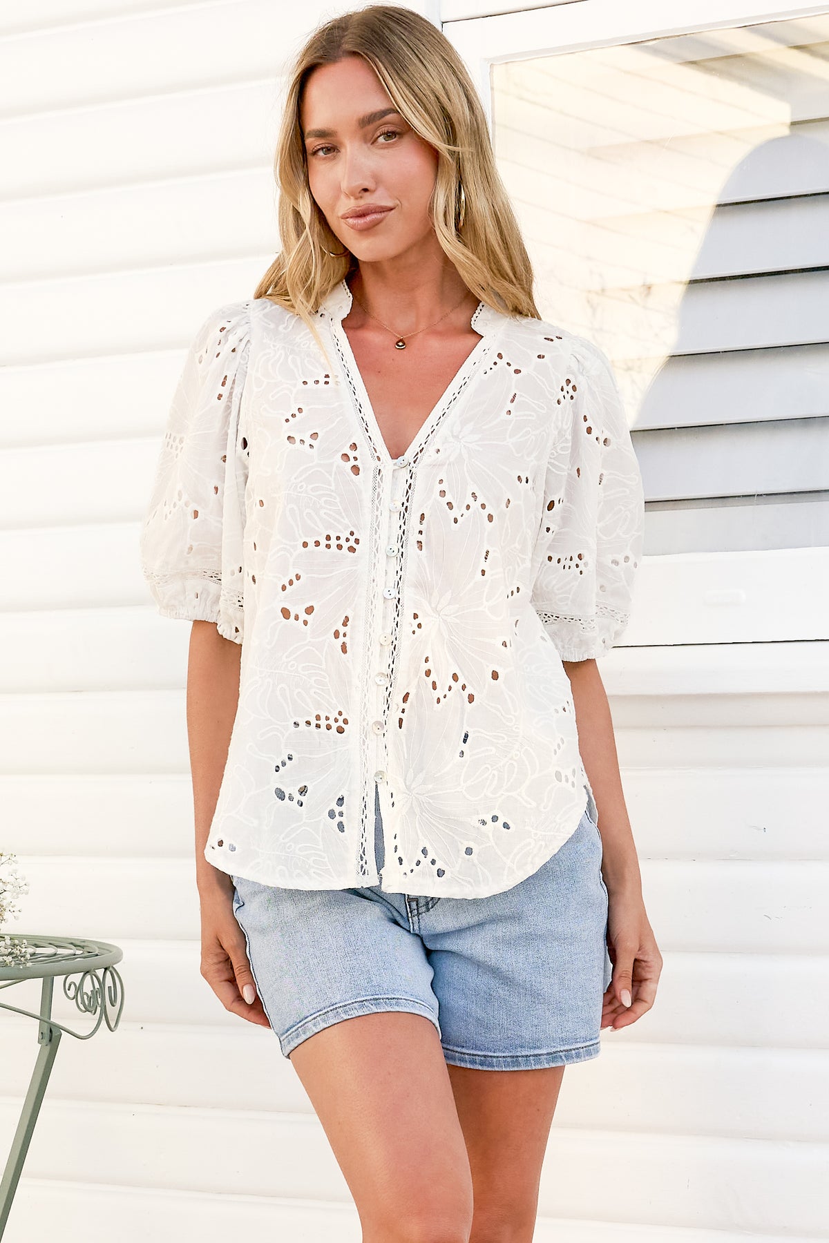 Clare Blouse - Hollow Out Embroidered Button Down Blouse in White