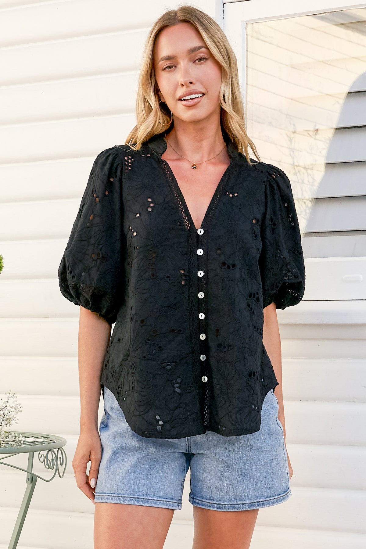 Clare Blouse - Hollow Out Embroidered Button Down Blouse in Black