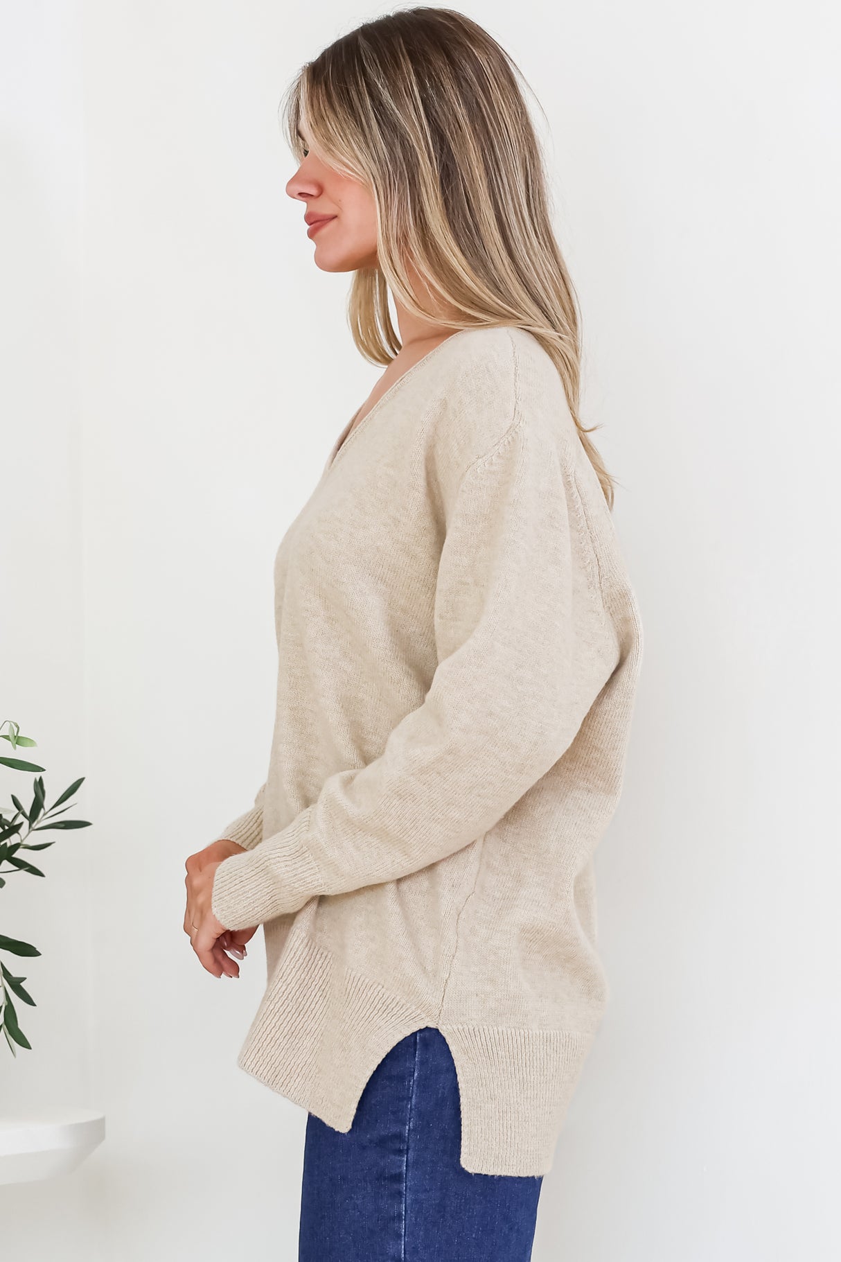 Clarke Jumper - V-Neck Batwing Sleeve Ribbed Step Hemline Knit in Camel