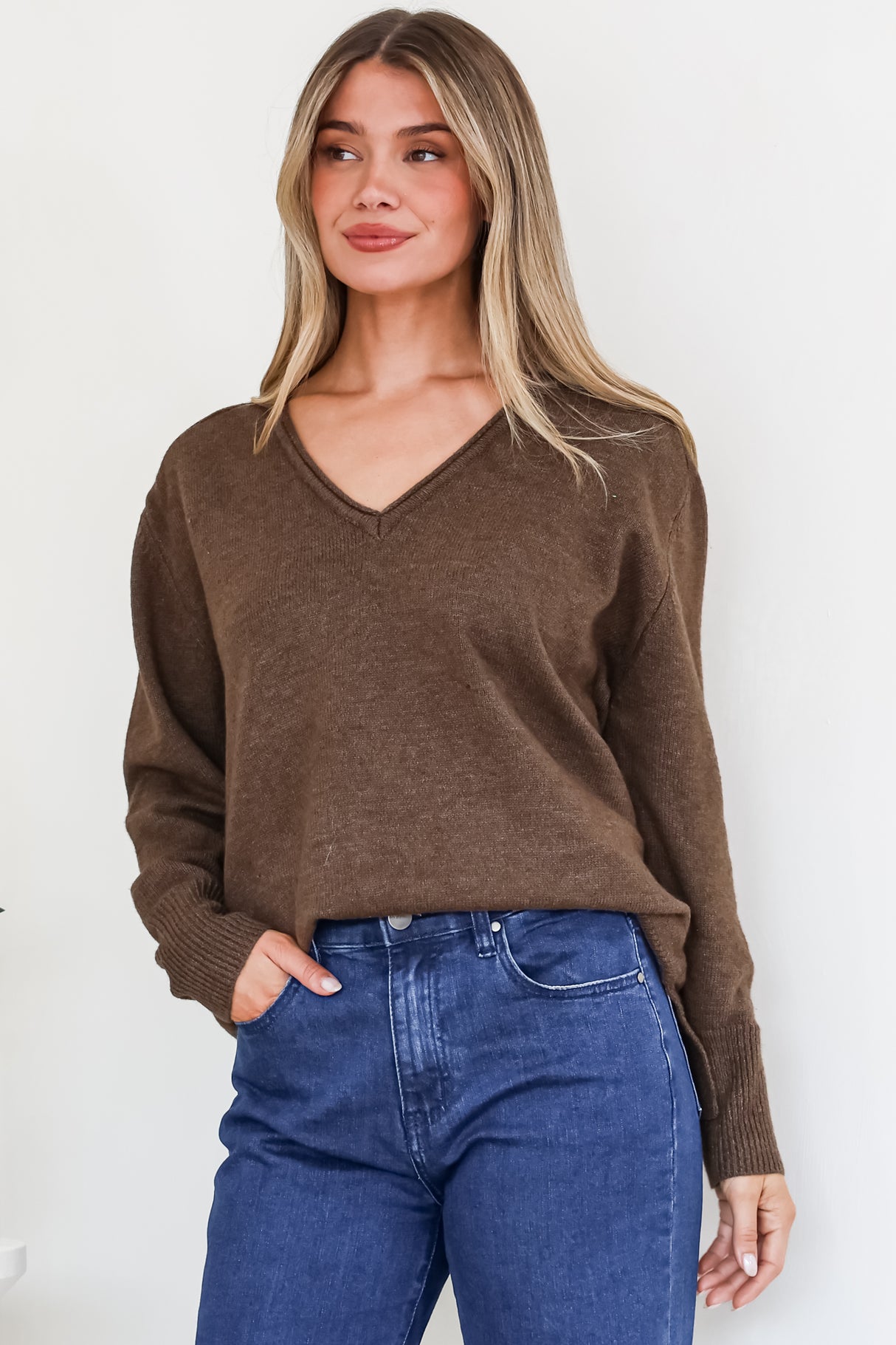 Clarke Jumper - V-Neck Batwing Sleeve Ribbed Step Hemline Knit in Coffee