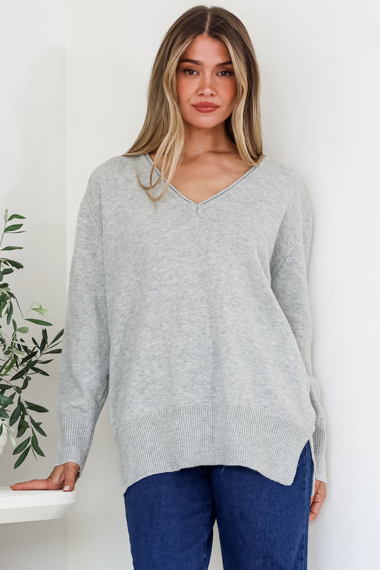 Clarke Jumper - V-Neck Batwing Sleeve Ribbed Step Hemline Knit in Grey