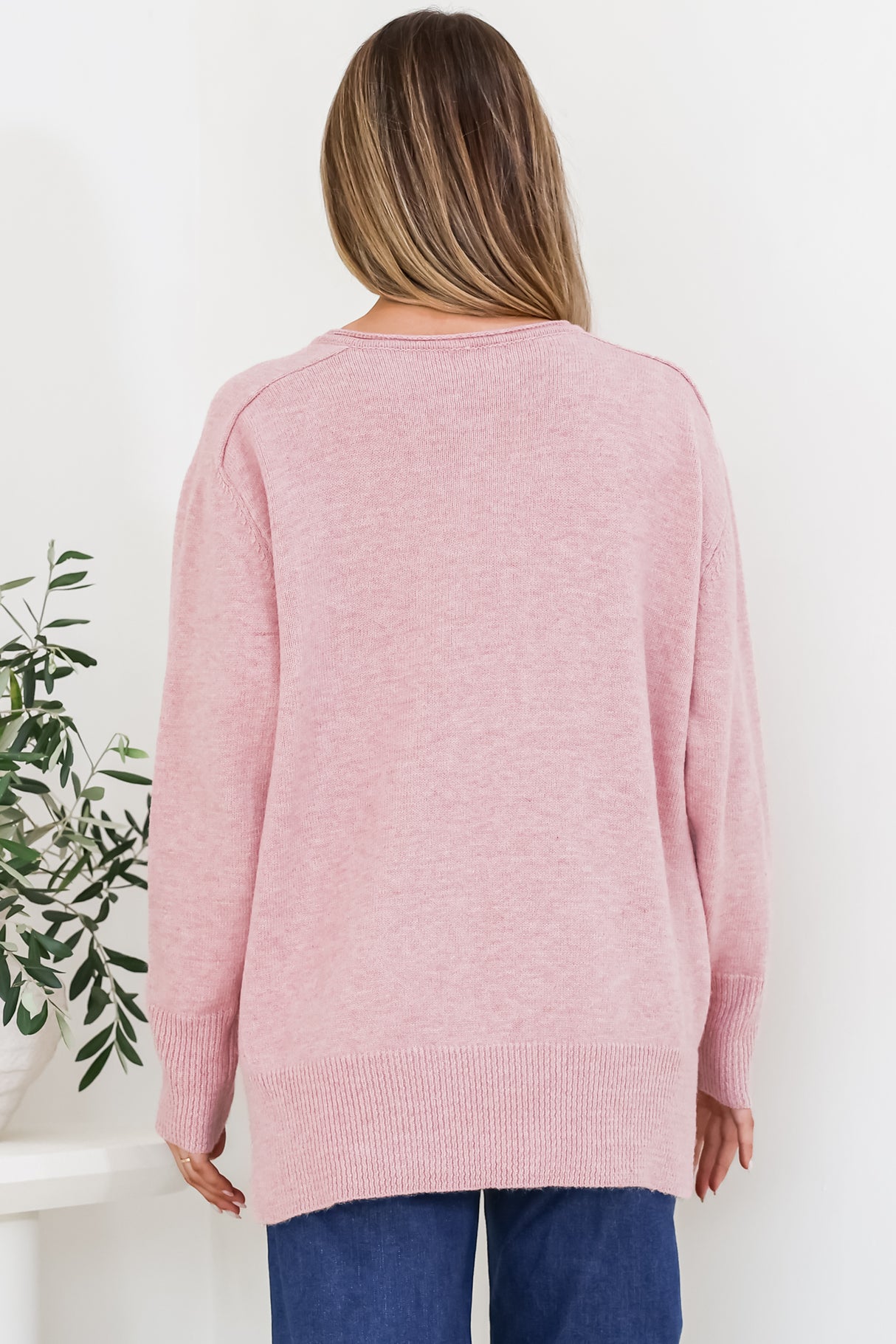 Clarke Jumper - V-Neck Batwing Sleeve Ribbed Step Hemline Knit in Pink