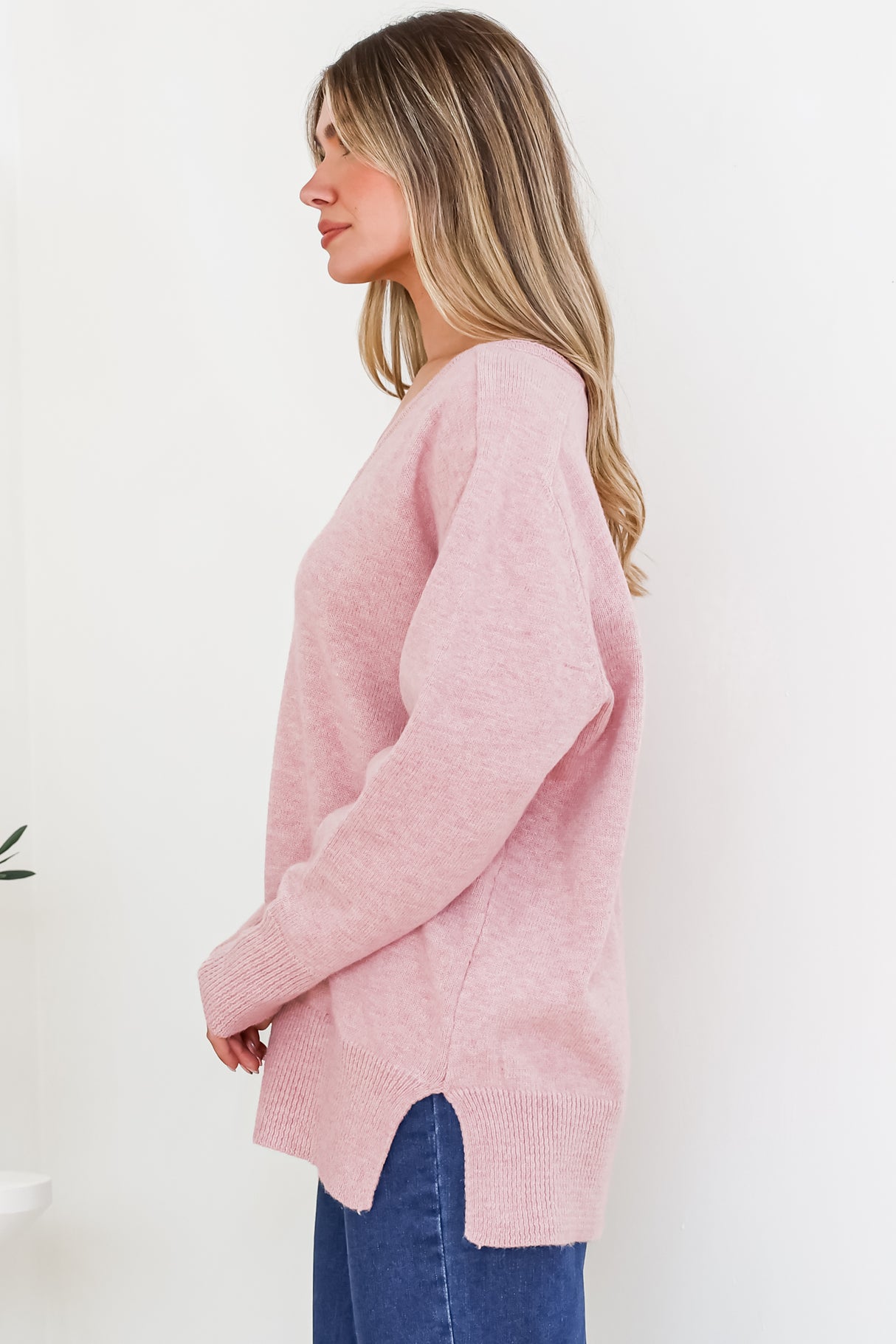 Clarke Jumper - V-Neck Batwing Sleeve Ribbed Step Hemline Knit in Pink