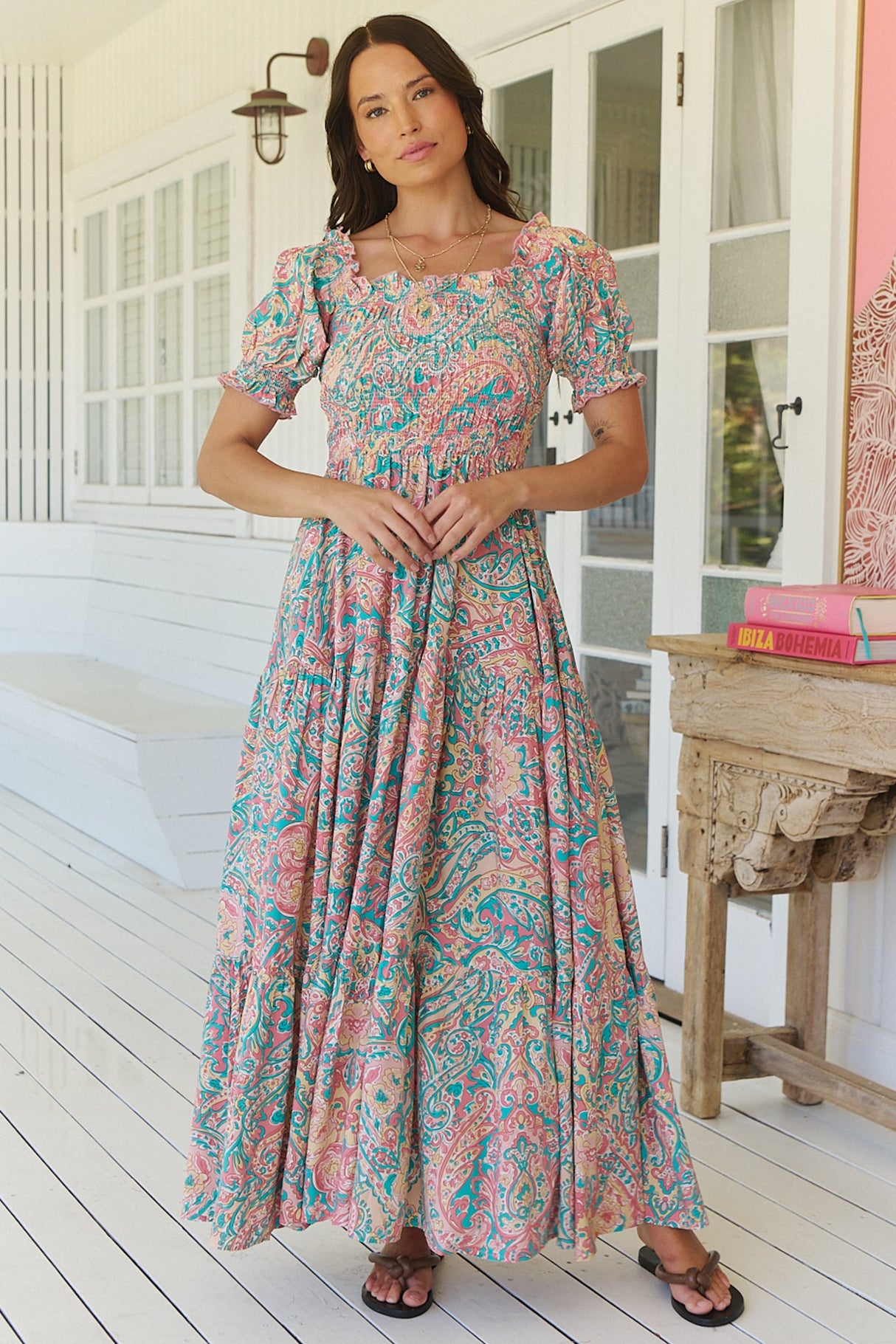 JAASE - Claudette Maxi Dress: On or Off Shoulder Elasticated Bodice Short Balloon Sleeve Dress in Ocean Lullaby Print