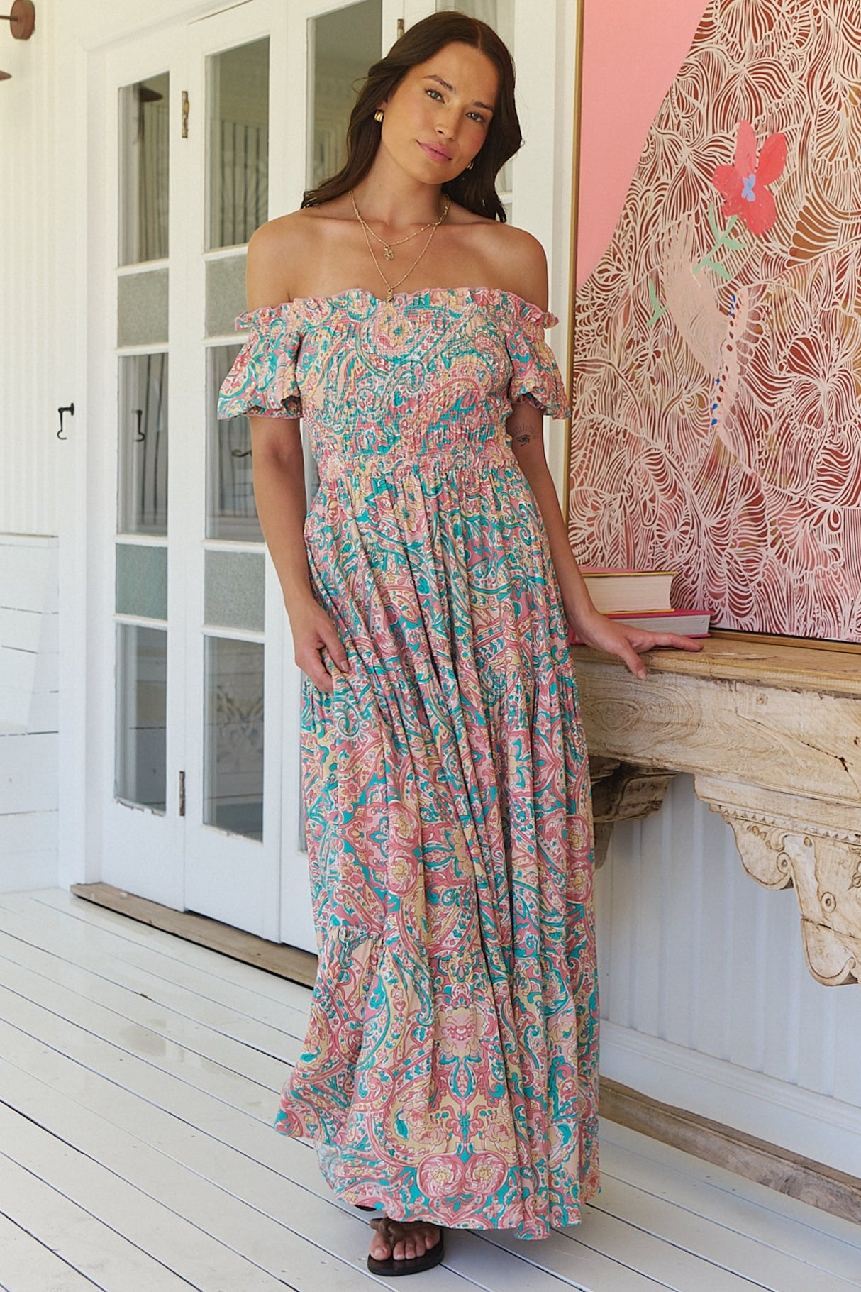 JAASE - Claudette Maxi Dress: On or Off Shoulder Elasticated Bodice Short Balloon Sleeve Dress in Ocean Lullaby Print