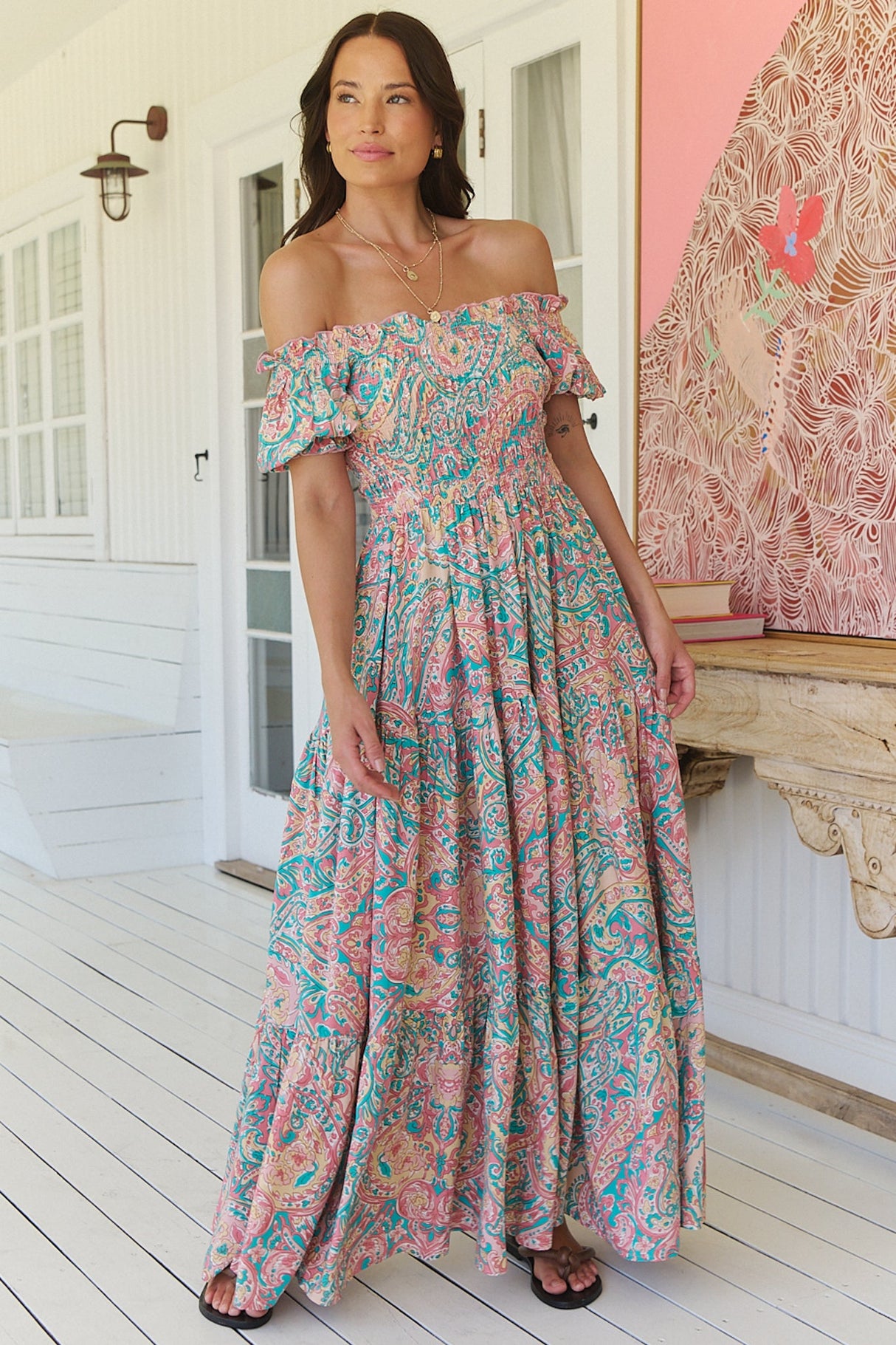 JAASE - Claudette Maxi Dress: On or Off Shoulder Elasticated Bodice Short Balloon Sleeve Dress in Ocean Lullaby Print