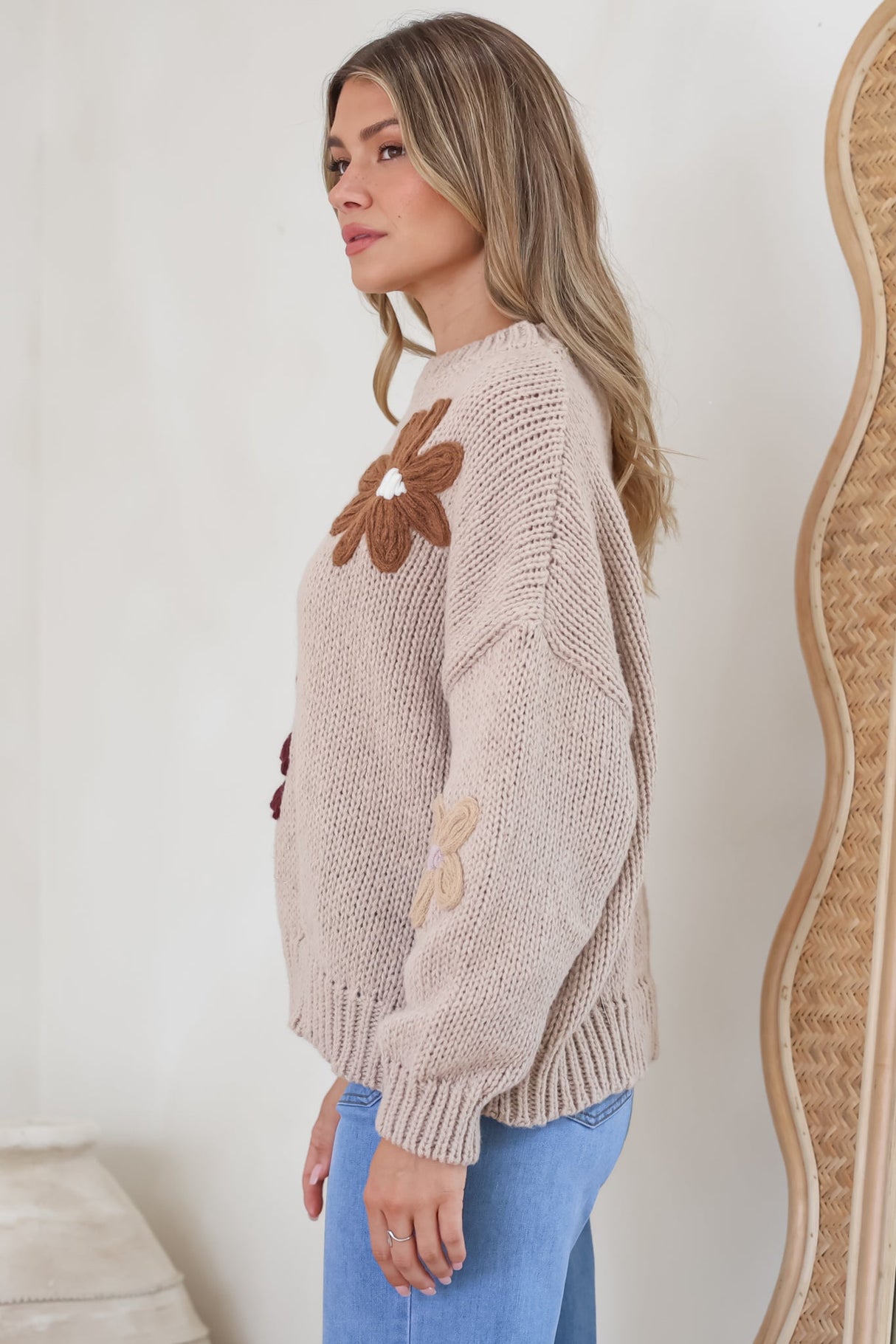 Wildflower Jumper - Chunky Knit Jumper with Flower Decals in Taupe Multi