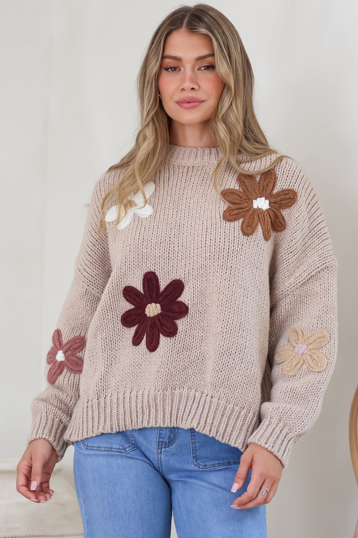 Wildflower Jumper - Chunky Knit Jumper with Flower Decals in Taupe Multi