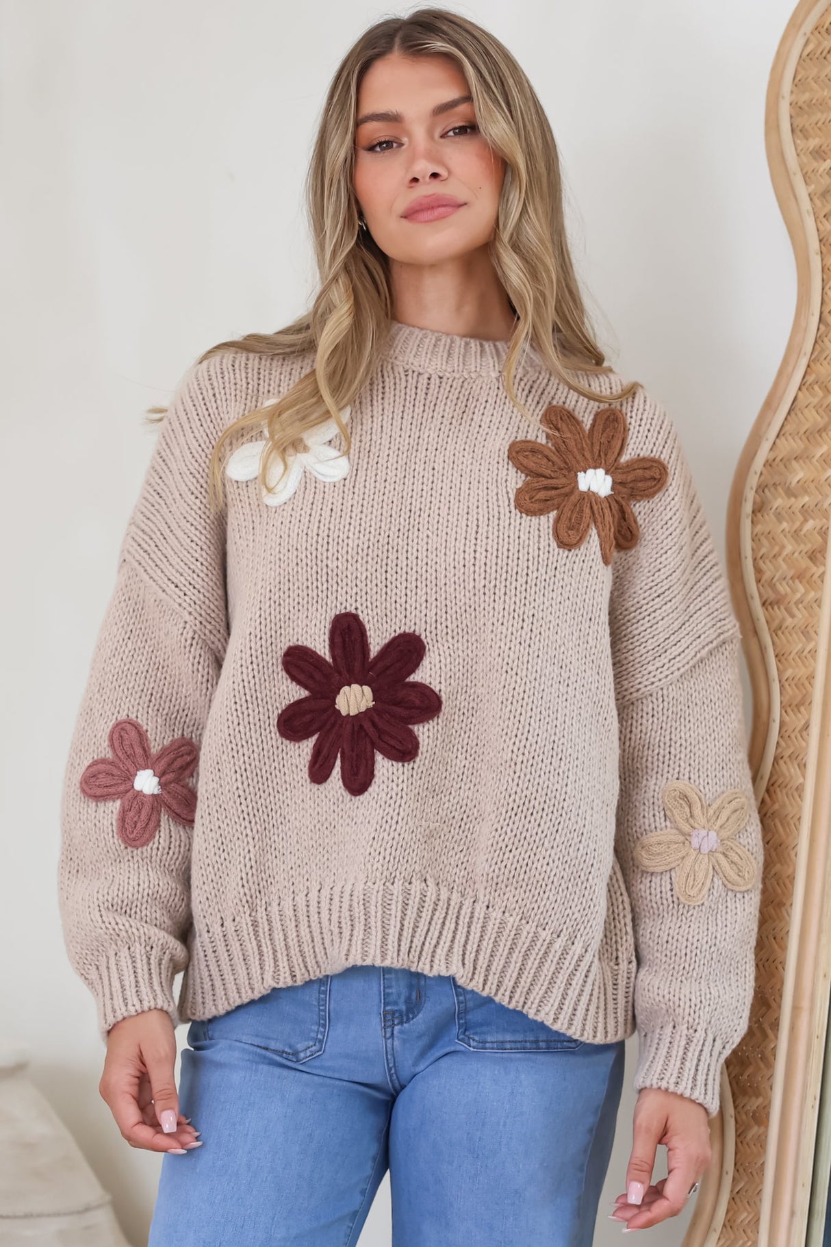 Wildflower Jumper - Chunky Knit Jumper with Flower Decals in Taupe Multi