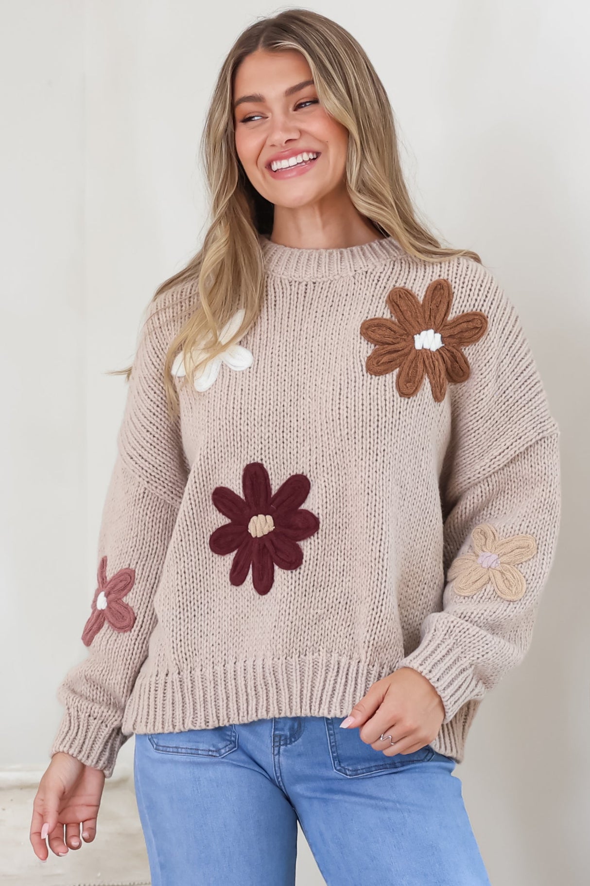 Wildflower Jumper - Chunky Knit Jumper with Flower Decals in Taupe Multi