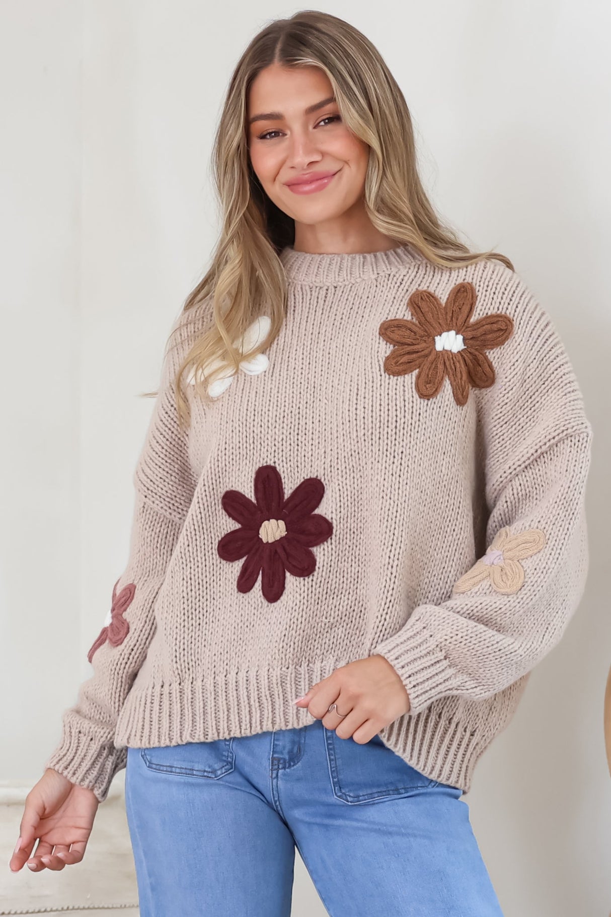 Wildflower Jumper - Chunky Knit Jumper with Flower Decals in Taupe Multi