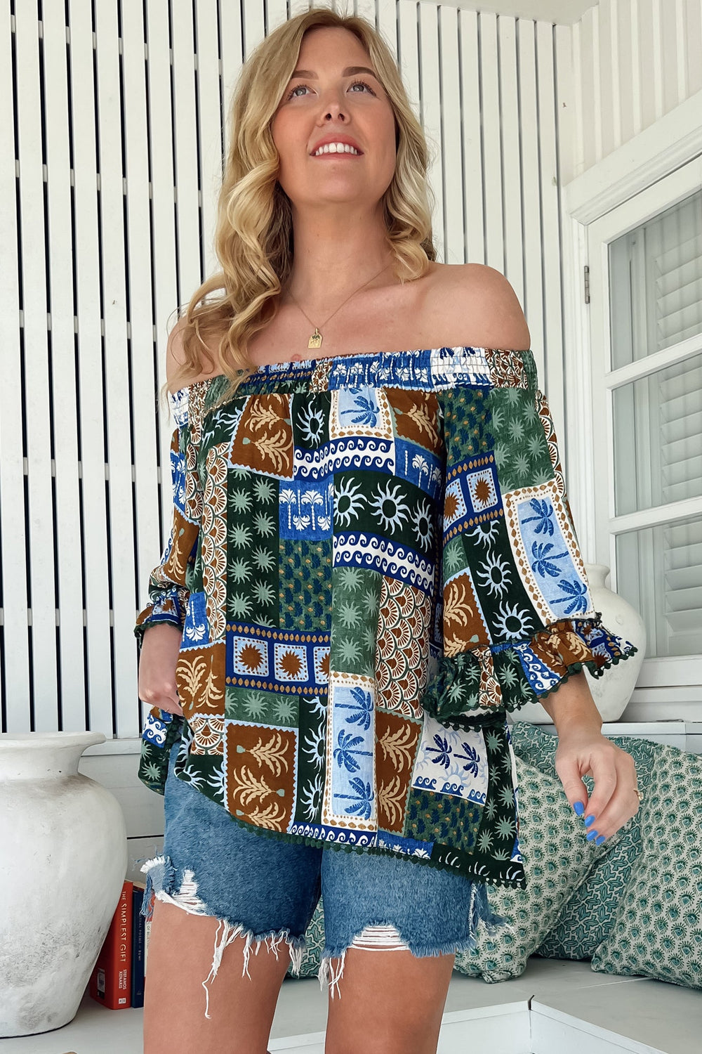 JAASE - Clover Top: Elasticated Off the Shoulder Crochet Trim Sleeves Top in Emerald Cove Print