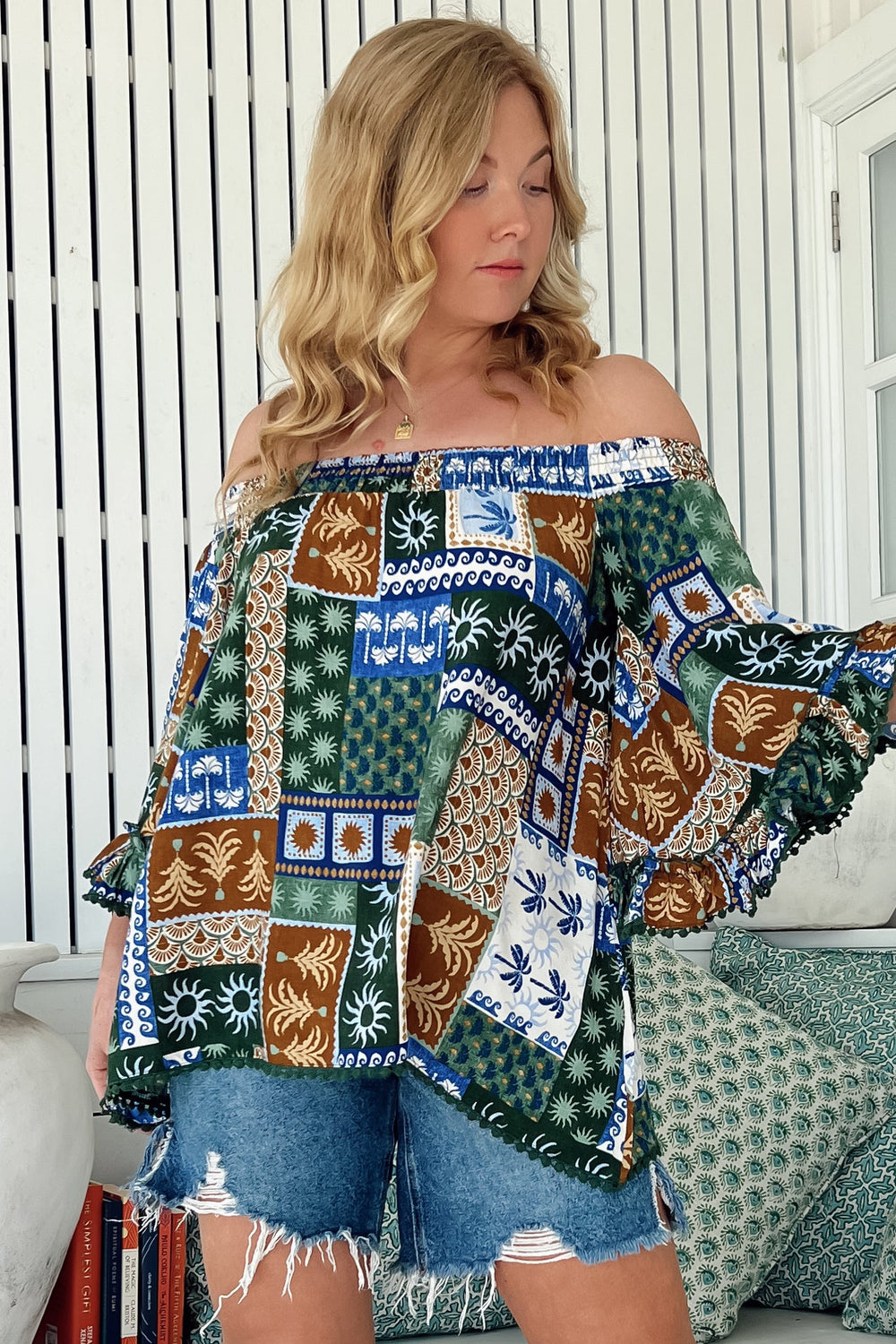 JAASE - Clover Top: Elasticated Off the Shoulder Crochet Trim Sleeves Top in Emerald Cove Print