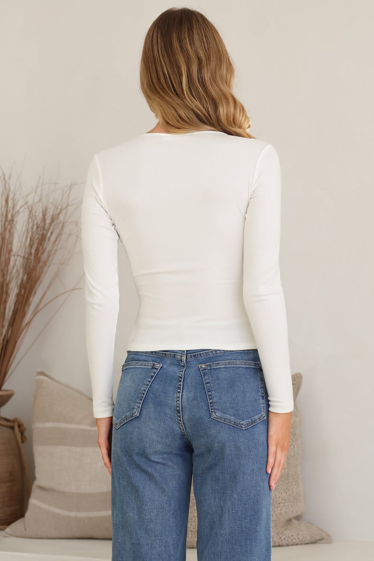 Cohen Top - Soft V Neck Stretchy Basic Top with Long Sleeves in White